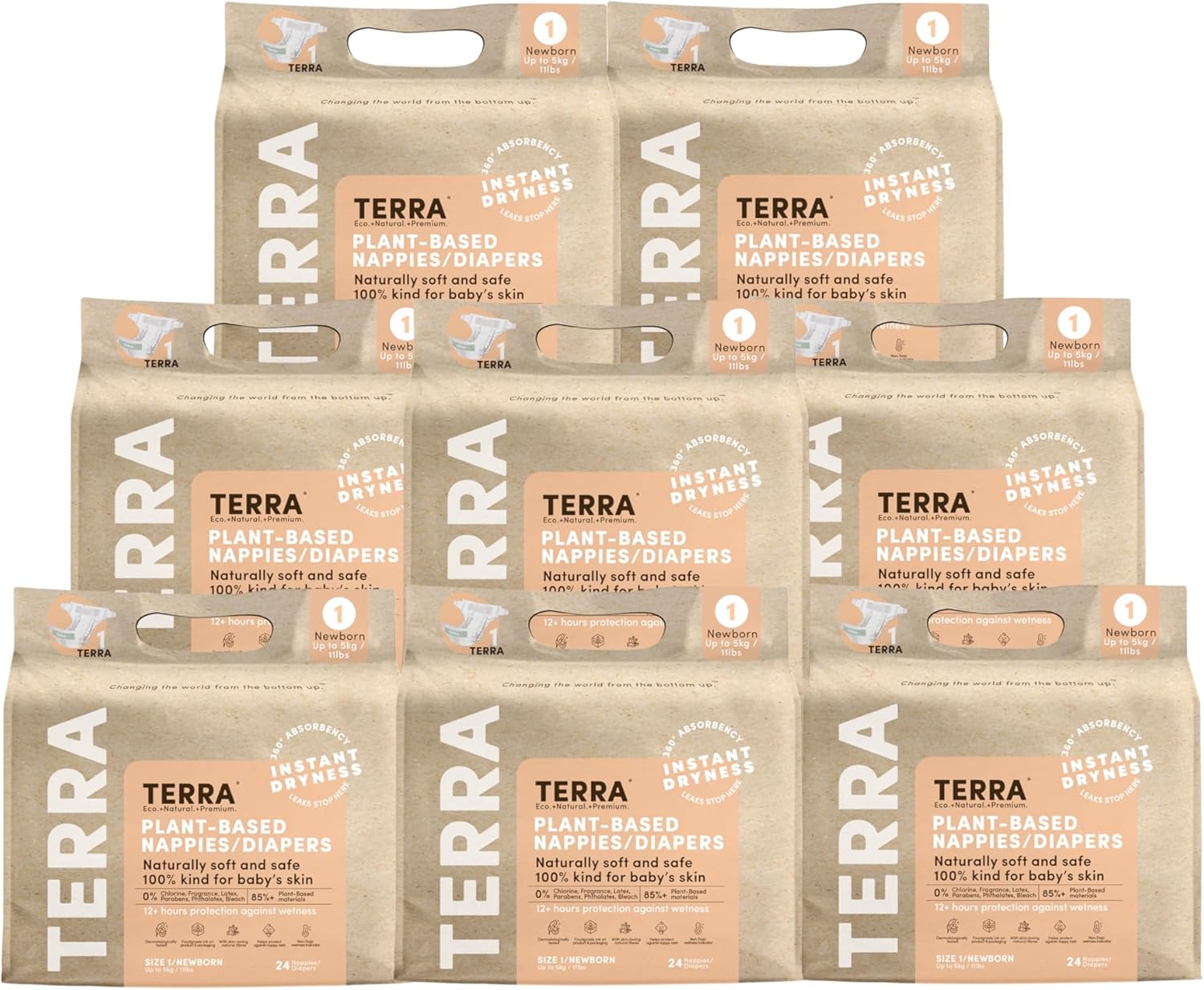 Terra Diapers Size 1: 85% Plant-Based Diapers, Ultra-Soft & Chemical-Free for Sensitive Skin, Superior Absorbency for Day or Nighttime Diapers, Designed for Newborns up to 11 Pounds, 192 Count - Image 2
