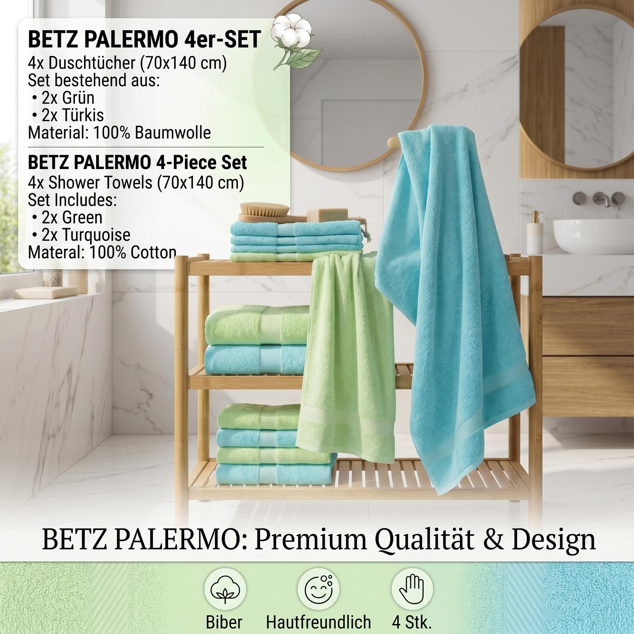 Betz 4 Stück Duschtücher Set Duschtuch Duschhandtuch Strandlaken Badetuch Palermo 100% Baumwolle Größe 70 x 140 cm Farbe grün und türkis