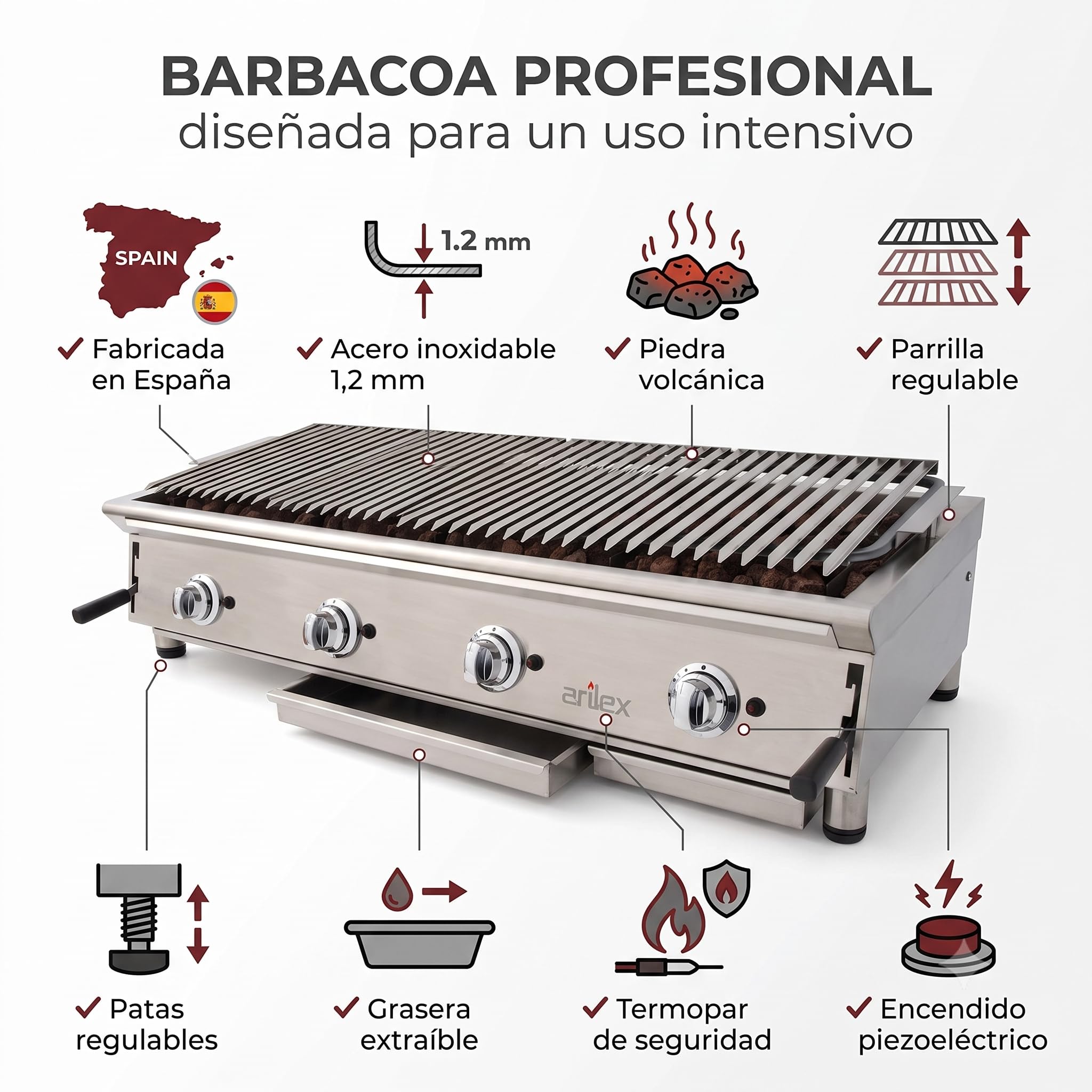 Barbacoa de Gas Profesional 130 cm con Piedra Volcánica | Parrilla de Acero Inoxidable Regulable en 3 Alturas | 8 Quemadores | BBQ Gas de Sobremesa para Hostelería, Hoteles y Catering | 130BAR