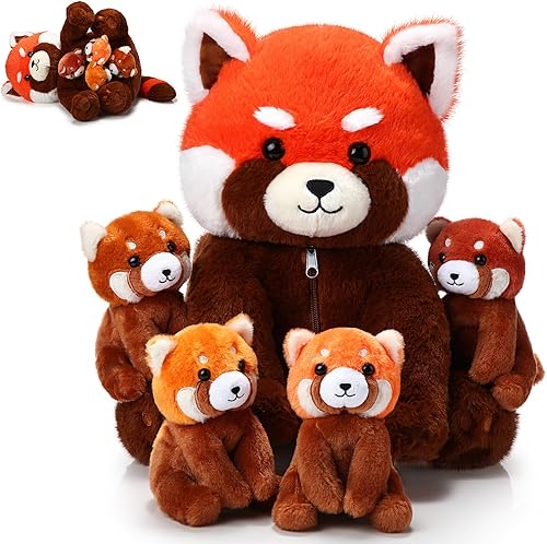 Syhood Juego de 5 peluches de panda rojo de 13 pulgadas, mamá panda rojo con 4 lindos bebés en su vientre, peluche suave con cremallera para niños y