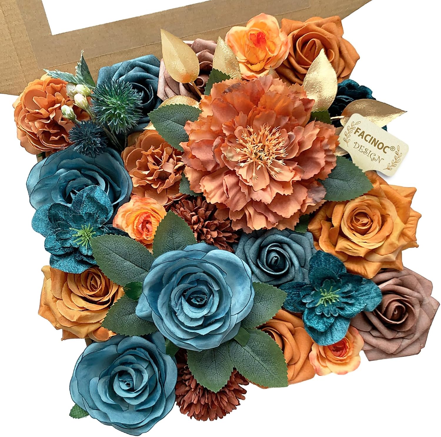 Roses Artificial Flowers Bouquet Box Set Fake Flower for DIY Bridal Wedding Shower Decorations Centerpieces for Table Faux Silk Floral Arrangement for Party Home Decor Indoor Teal Orange