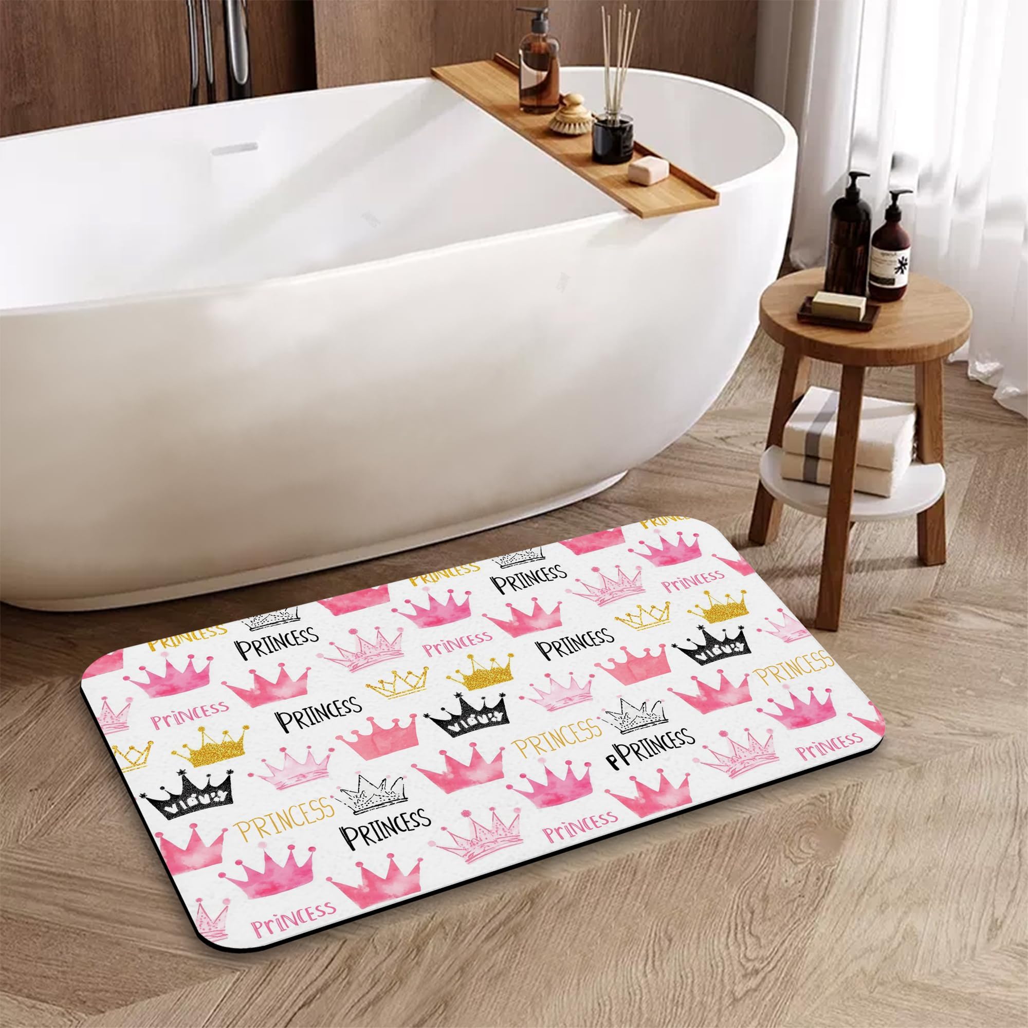 Pink Crown Bathroom Rugs, Fast-Absorbing Bath Mat, Quick-Dry Non-Slip Thin Rug for Bathroom Floor Kitchen 17"x30"