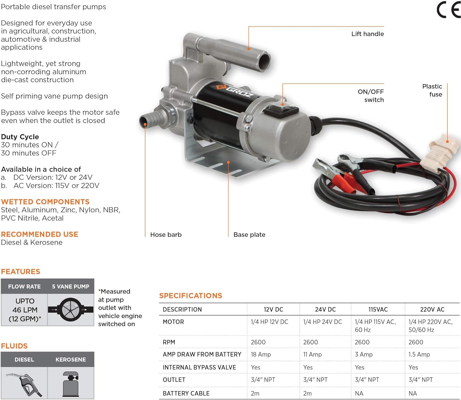 Groz 45530 12V DC Electric Diesel Pump Only, Base Mount, Complete with Lift Handle, Hose Barbs & Battery Cable