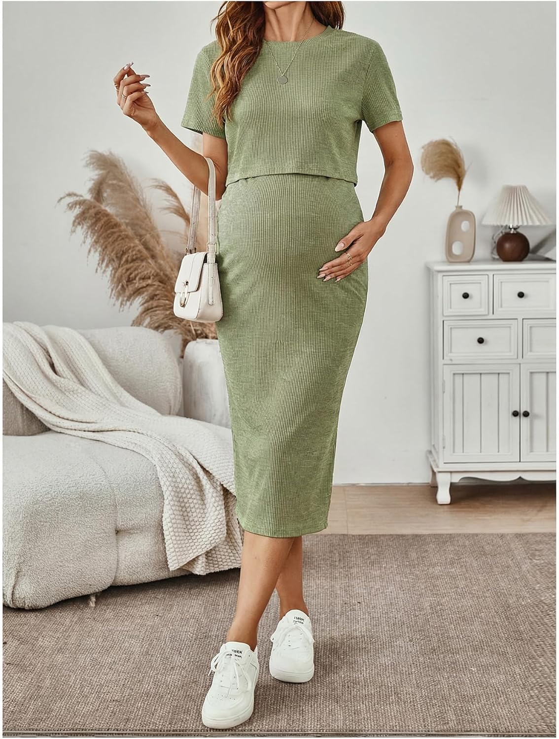 SHENHE Women's Maternity Ribbed 2 Piece Outfits Short Sleeve Crop Top Bodycon Slit Midi Skirt Set