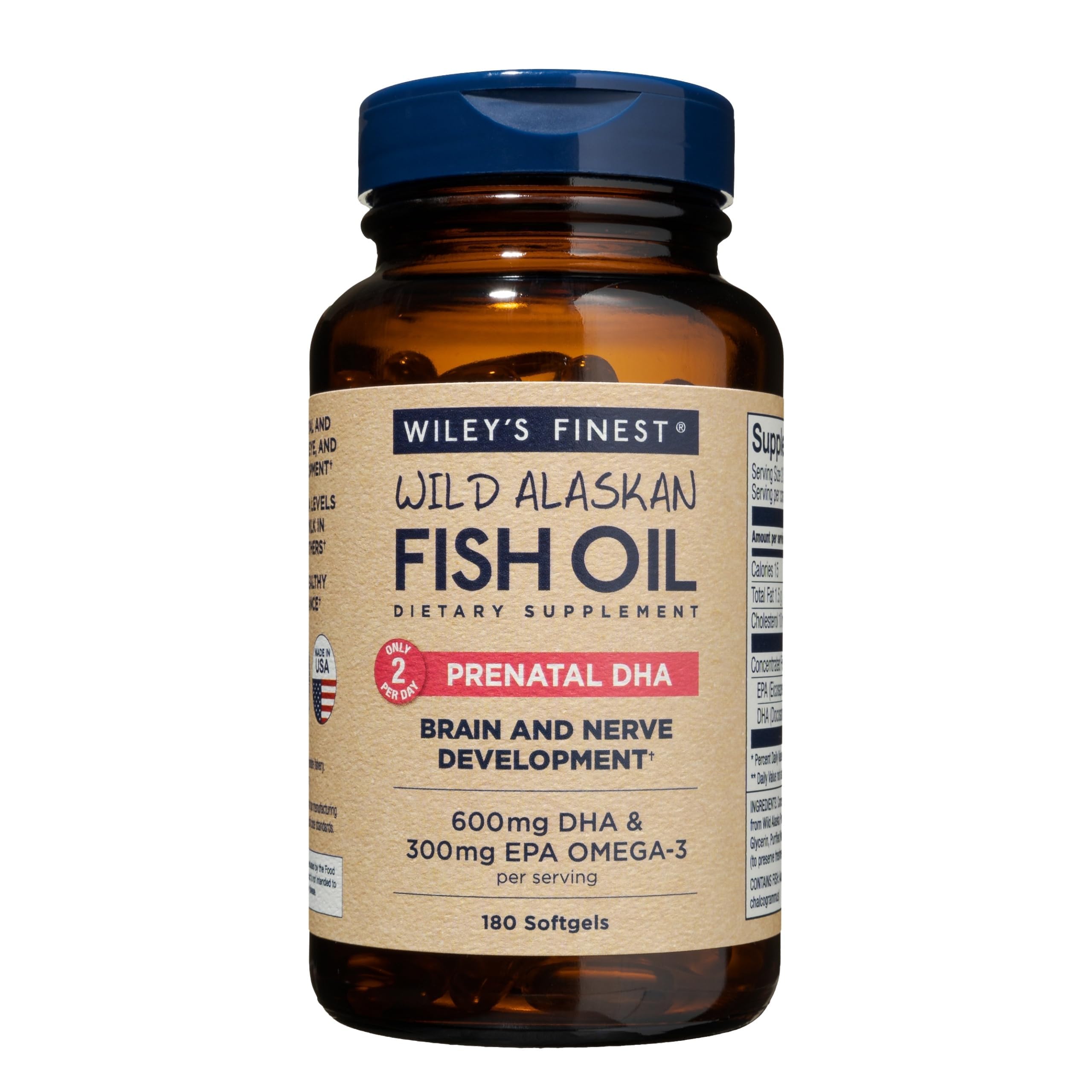 Wild Alaskan Fish Oil Prenatal DHA - 900mg EPA and DHA Omega-3s for Pregnant Women and Nursing Mothers - 180 Softgels (90 Prenatal Vitamin Servings)