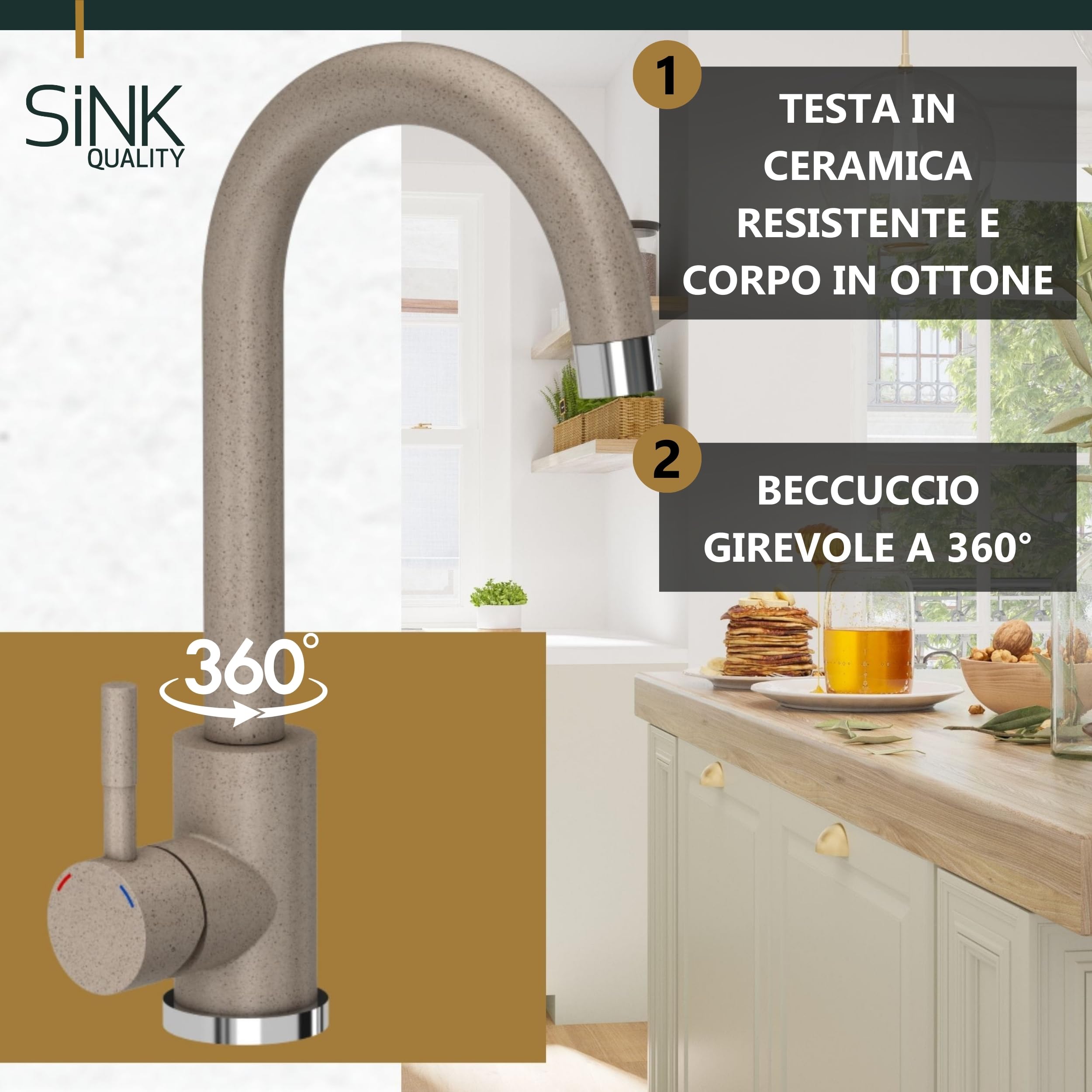Lavello Sink Quality Beige con rubinetto, 45 × 42 cm, sifone e impregnazione, da incasso in granito, per mobiletto a partire da 45 cm