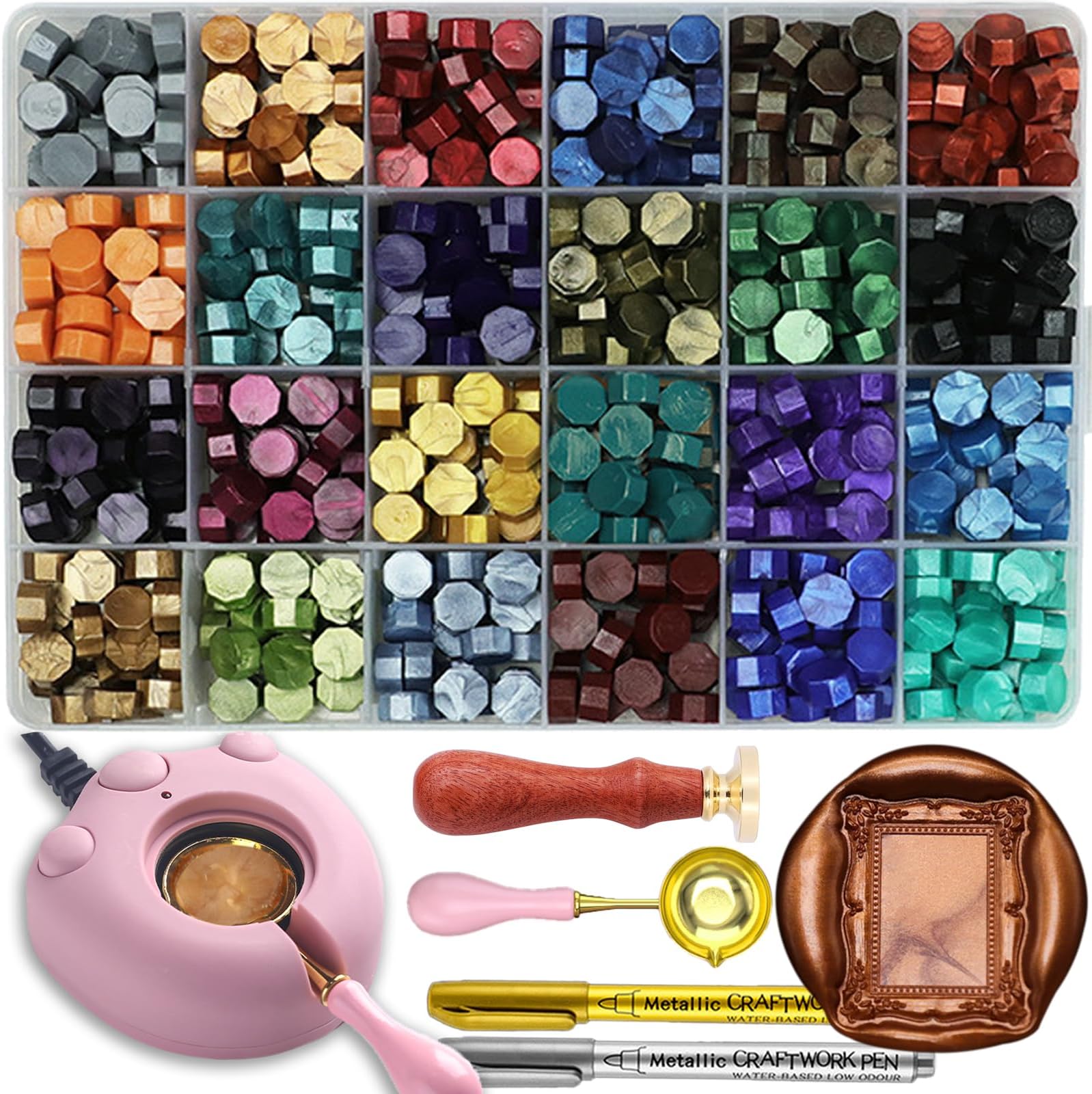 Vintage Embossed Frame Wax Seal Stamp Kit - 3D Relief Frame Seal Stamps with 24-Color Sealing Beads 600pcs, Electric Wax Warmer, Spoon & Pens for Wedding Invitations, Letters (Rectangle #7)