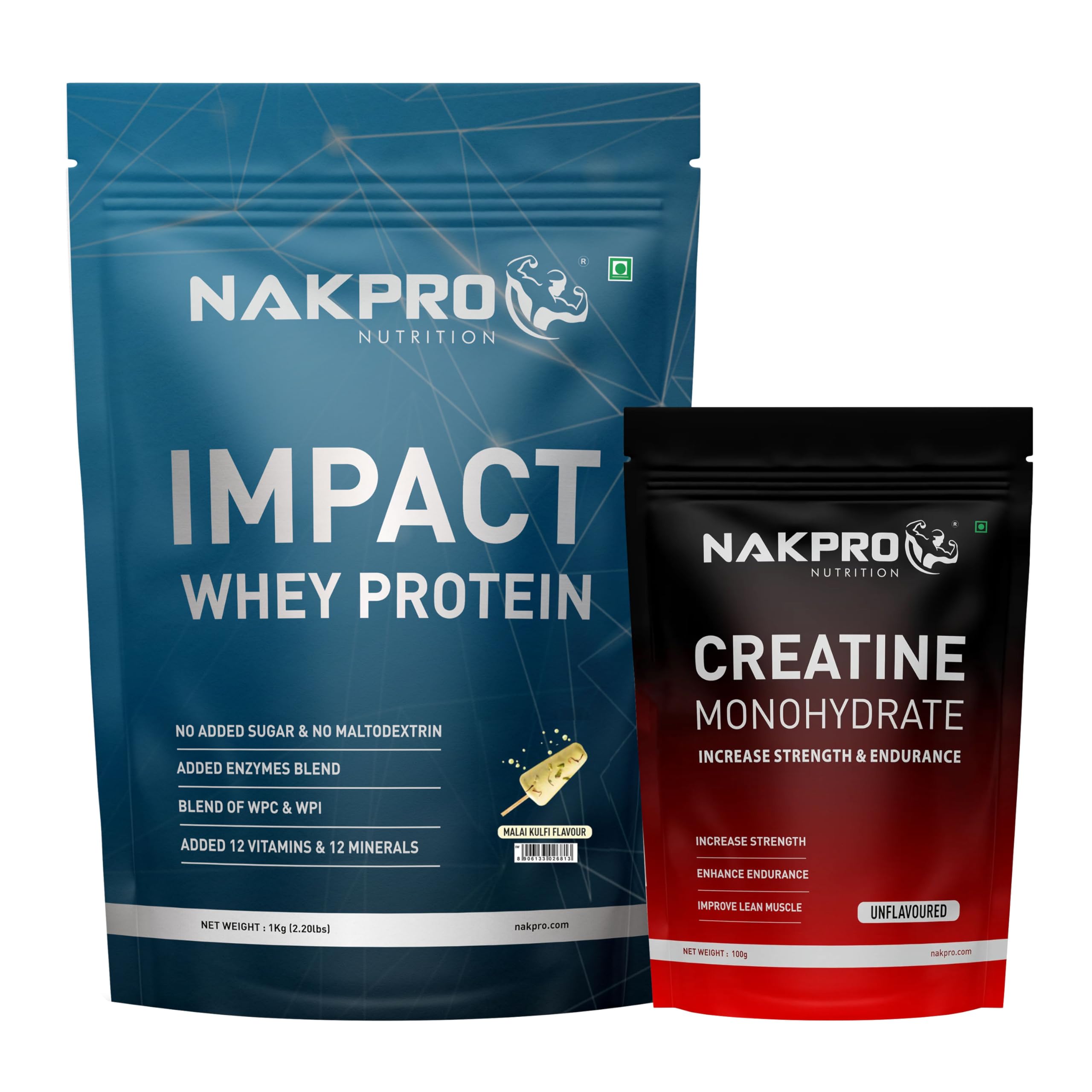 NAKPRO Impact Whey Protein Supplement Powder Combo (1 kg with Creatine, Malai Kulfi)