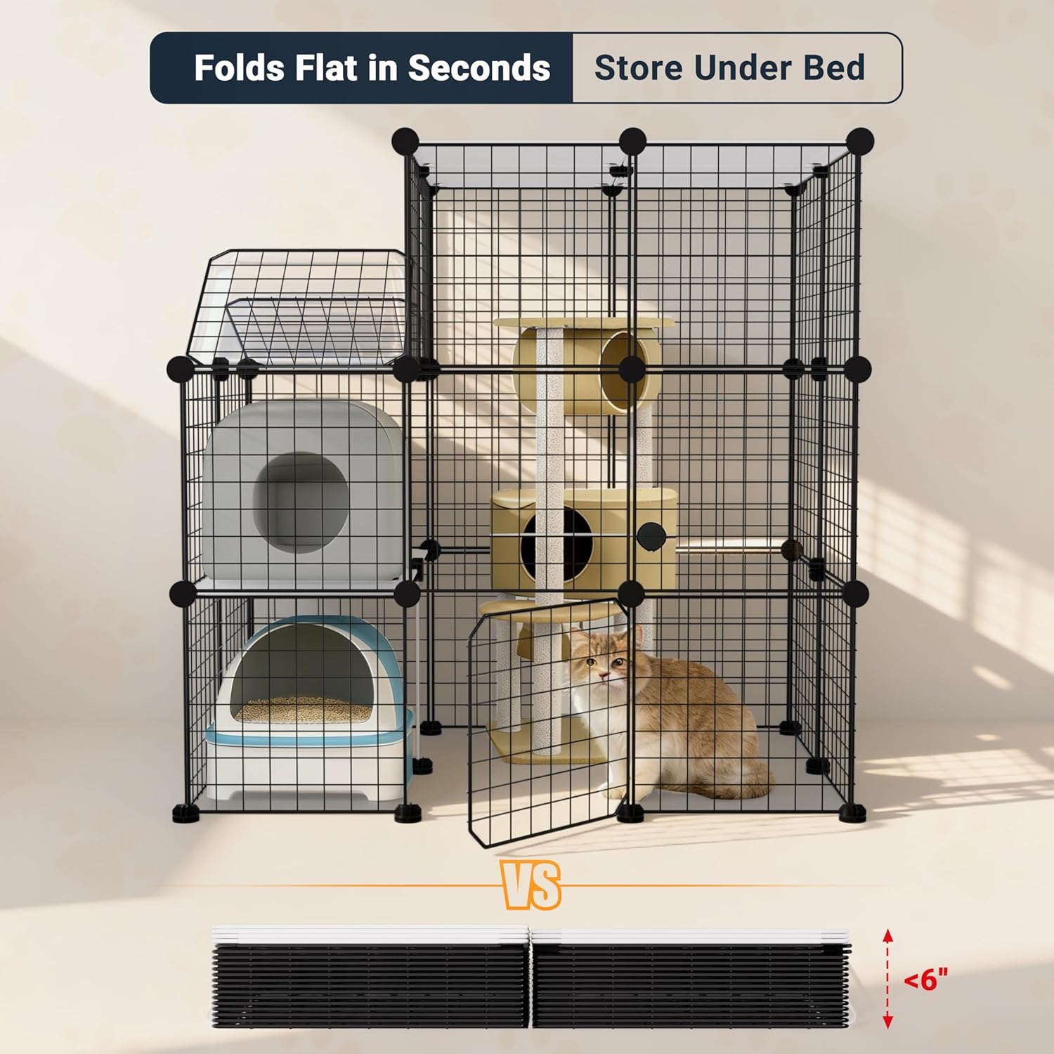 3-Tier DIY Indoor Cat Cage with Skylight, Accommodates Multiple Pets; Foldable Large Cat Cage Enclosure (with Litter Box Area); 43.7-Inch Metal Wire Cat Bed Habitat
