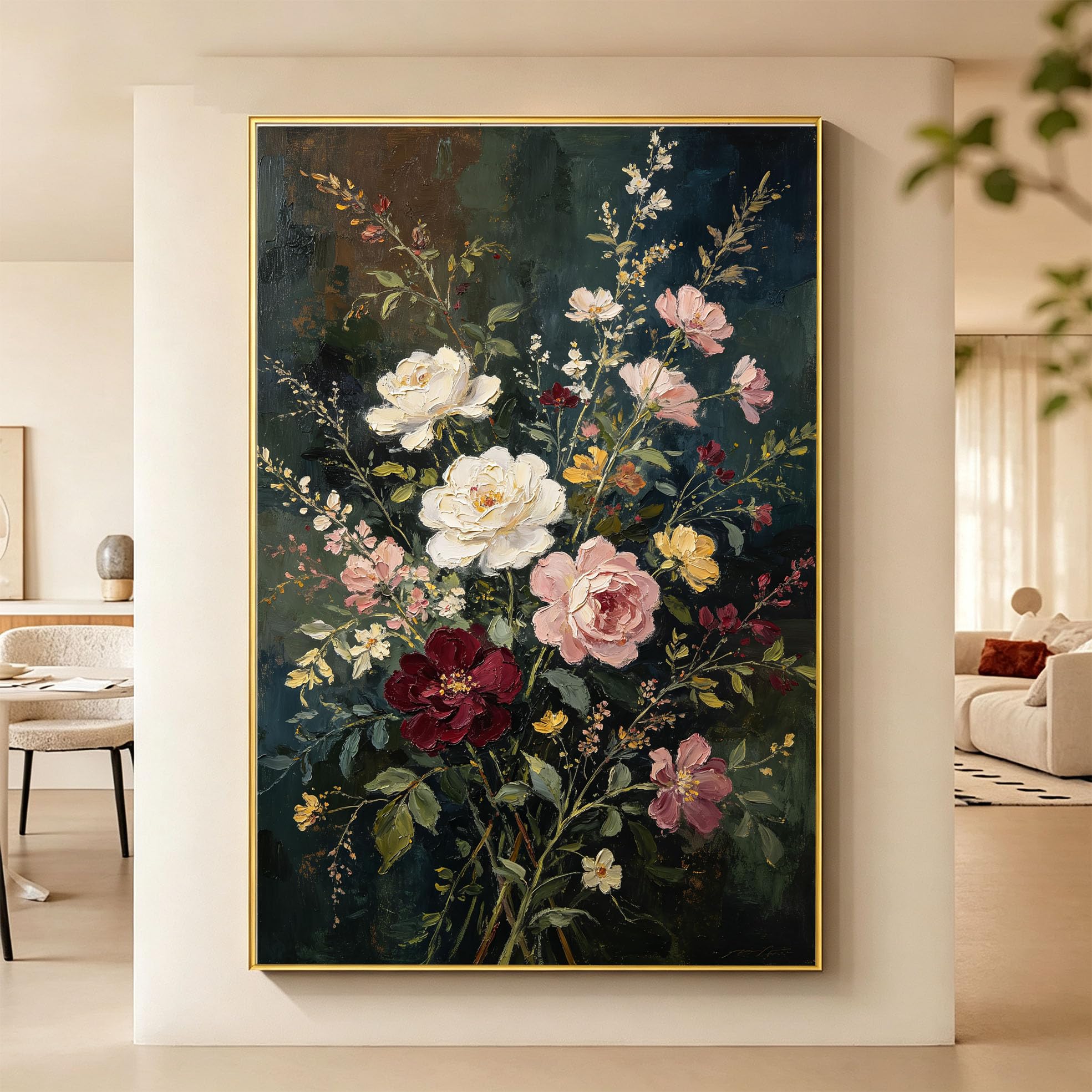 Modernes, 100% Handgemaltes Ölgemälde Mit Dunklen Blumen Auf Leinwand, Rahmenloses Abstraktes Blumenmotiv Für Wohnzimmer Und Heimdekoration, 120 X 200 Cm (47,2 X 78,7 Zoll)