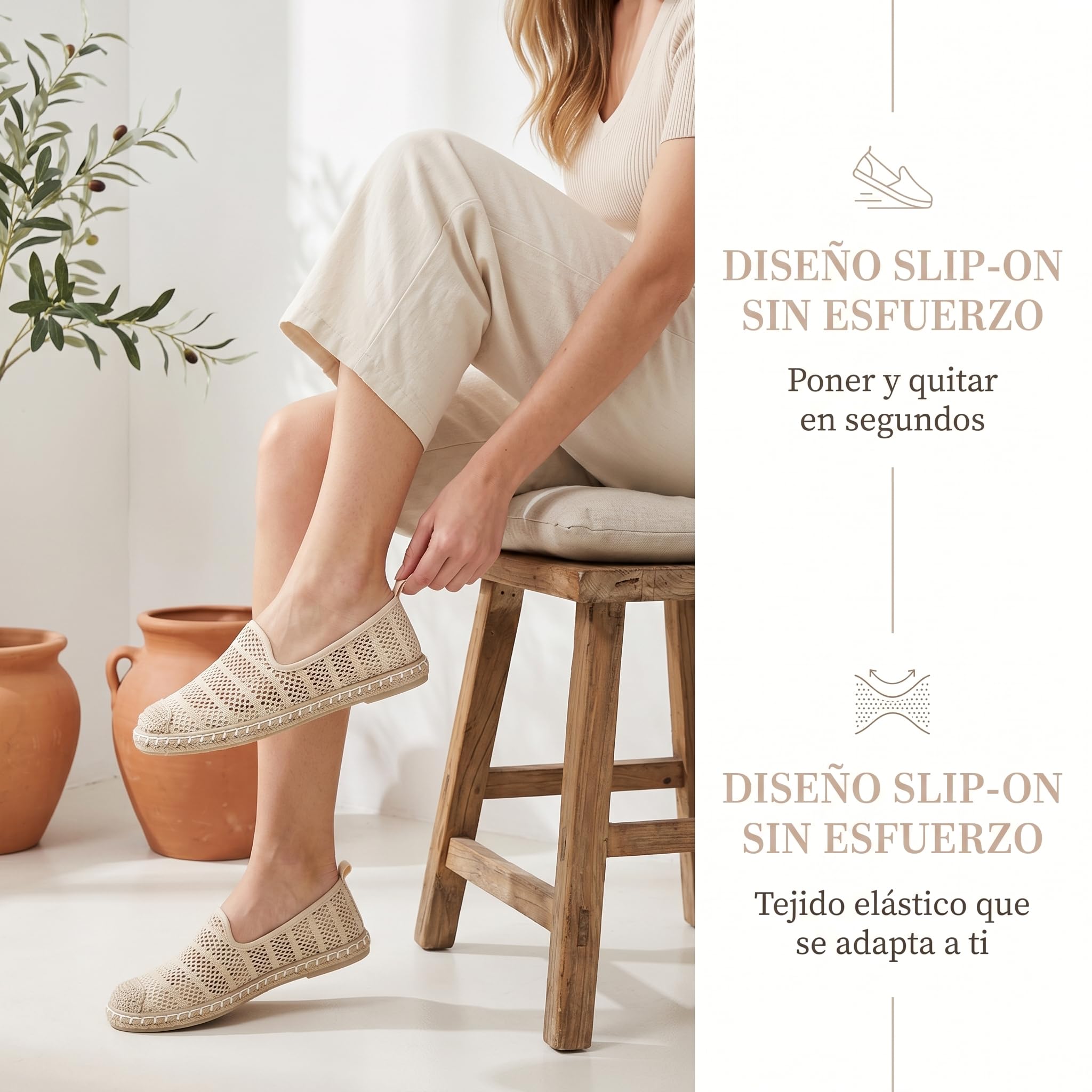 GLAMORA Alpargatas Mujer Caladas Slip On Punto Transpirable Zapato Plano Ligero Flexible Suela Goma Efecto Esparto Crochet Puntera Cerrada Comodo Verano Sin Cordones