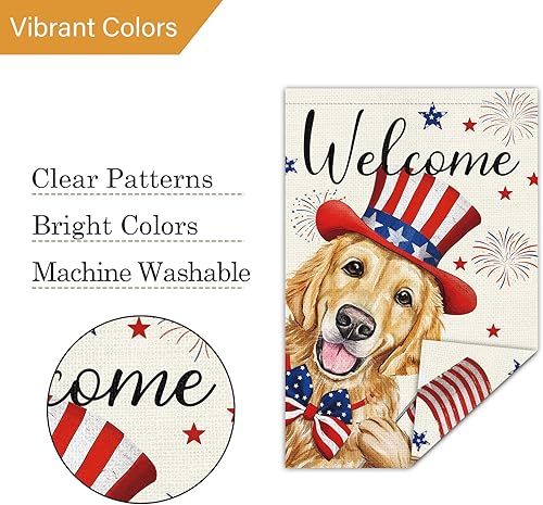 Miniatura 5 de Bandera de jardín del 4 de julio de 12 x 18 pulgadas, vertical de doble cara, pequeña arpillera dorada, perro de bienvenida, patriótico, jardín,