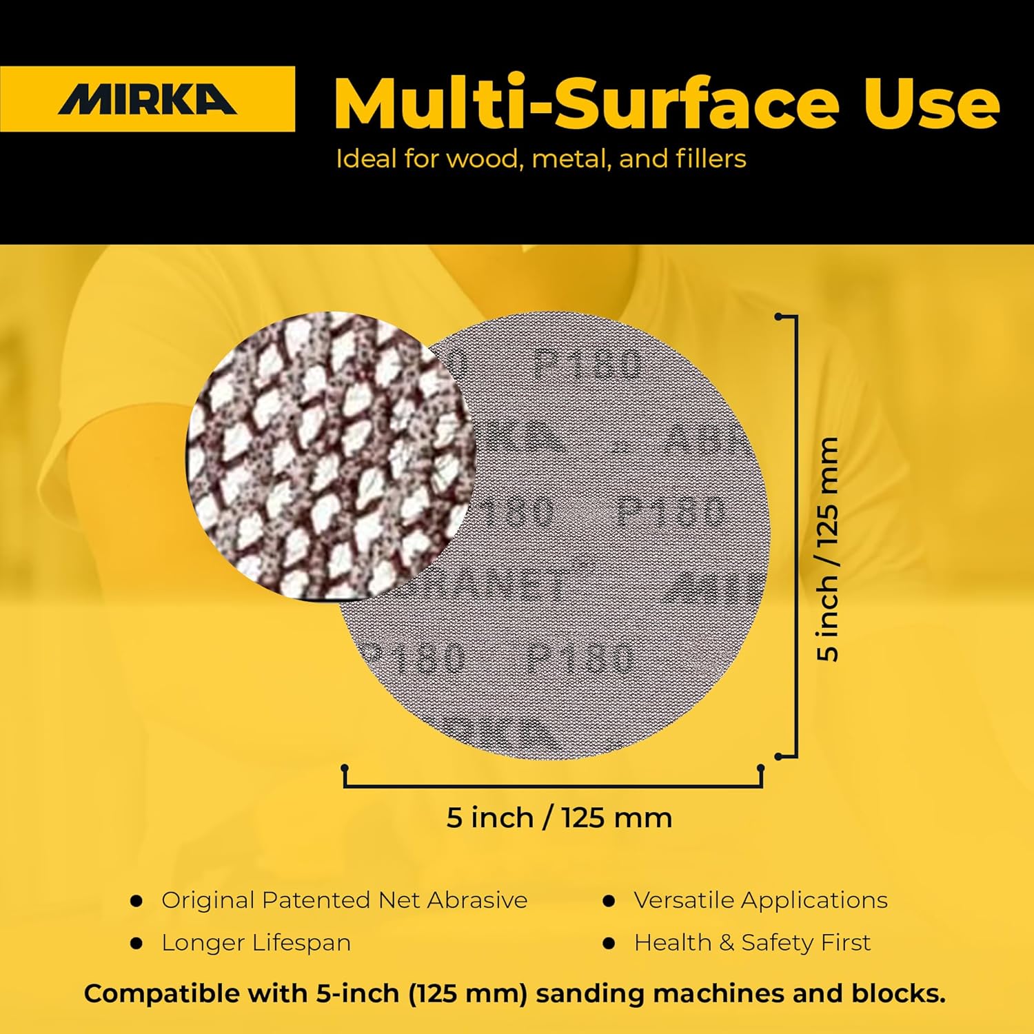 Mirka Abranet Sanding Mesh Discs - 220 Grit - 5 Inch Hook and Loop Sanding Discs - Mesh Sandpaper for Dust-Free Sanding for Wood, Metal, Automotive, and Furniture Finishing - 50 Pcs