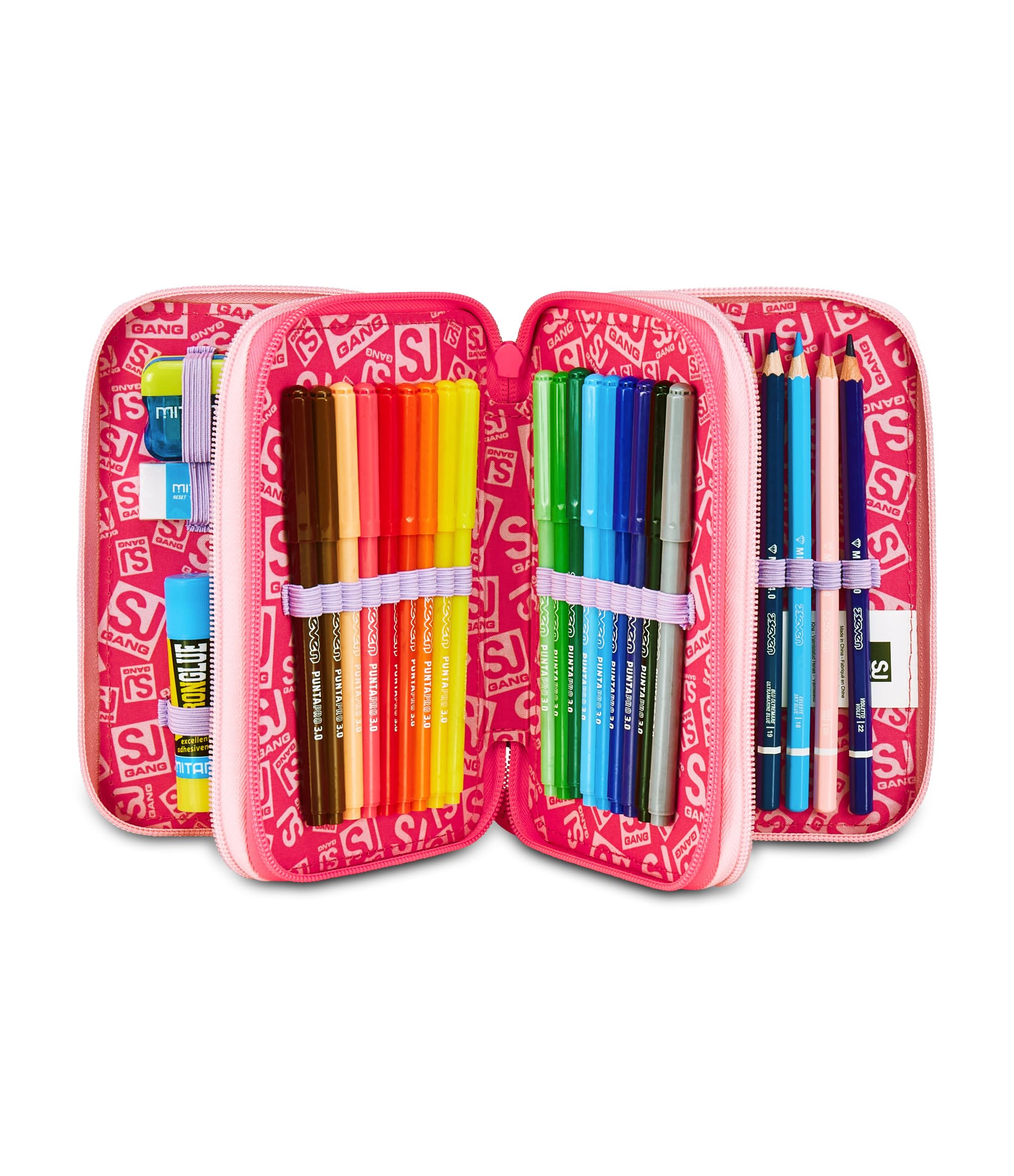 SJ GANG STYLE JAM GANG Astuccio Scuola 3 Zip Rosa Portapenne Triplo Scomparto
