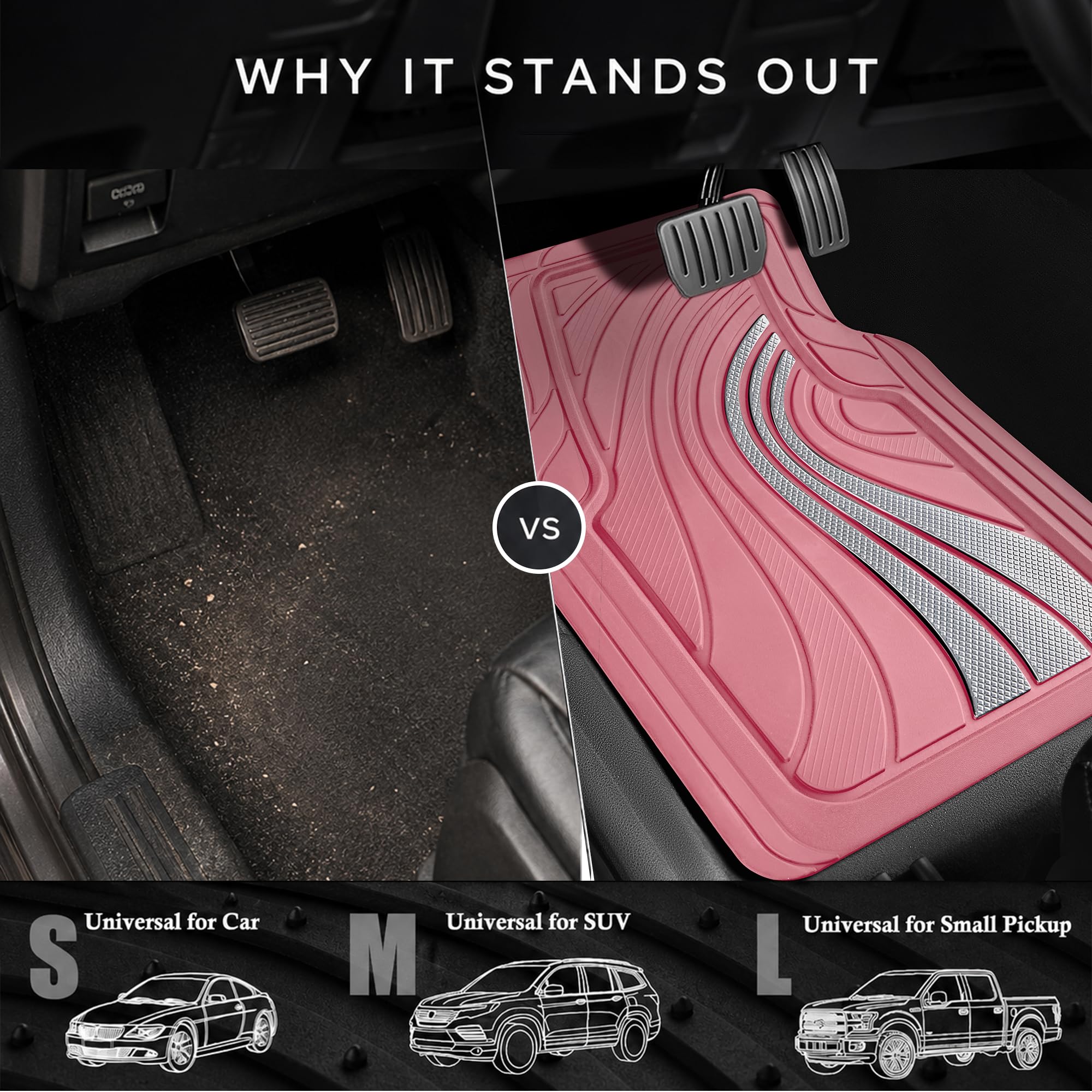 Road Comforts Pełny zestaw dywaników samochodowych – przednie i tylne dywaniki samochodowe z aluminiową konstrukcją, antypoślizgowy spód, ochrona na każdą pogodę, maty samochodowe do większości