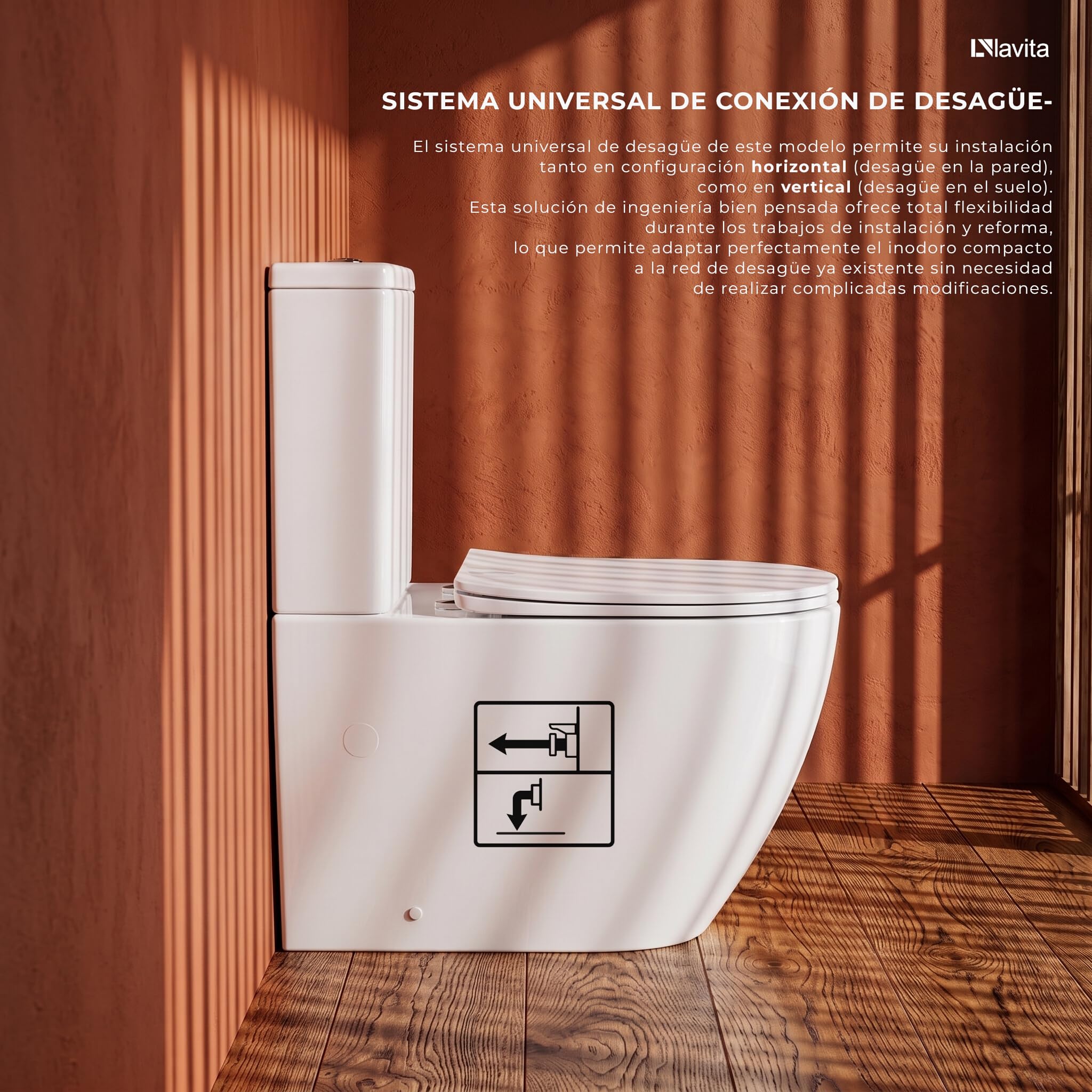 LAVITA Inodoro monobloque con cisterna integrada RUNSON WHITE Juego completo Tapa de inodoro con cierre automático Inodoro cerámico sin reborde Taza de inodoro Sistema de descarga TORNADO
