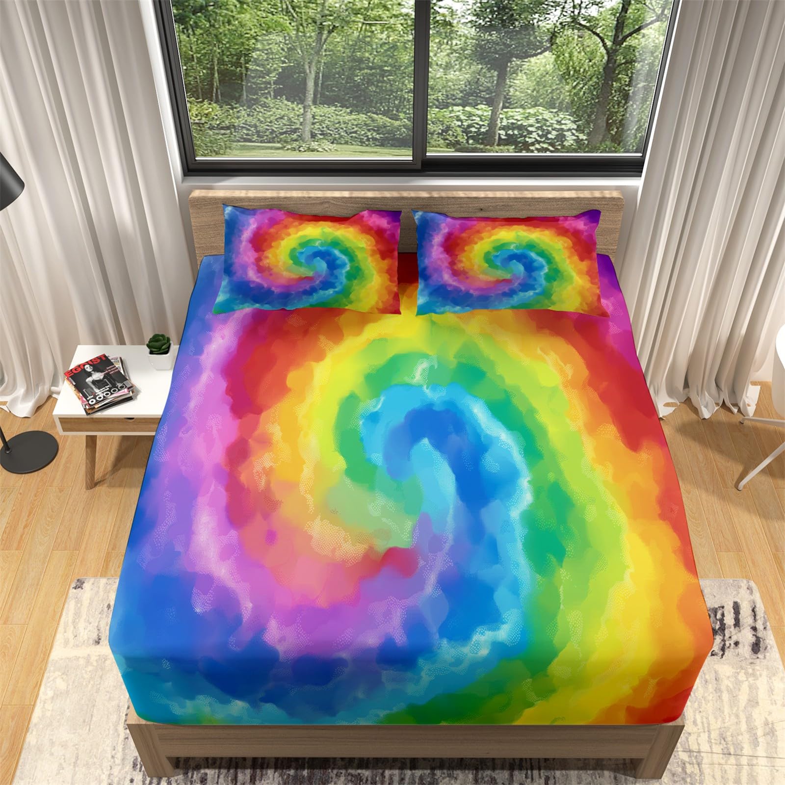Comfort Bedding Prześcieradło z gumką w stylu sztuki cyfrowej tęczowe, miękkie hipoalergiczne prześcieradło na łóżko king size kolorowe, łatwa pielęgnacja, można prać w pralce pościel 160 x 200 cm