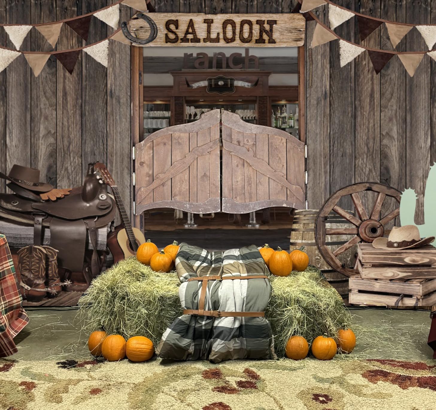 Western Saloon Fondale 3 x 2,4 m Western Wood Barn Door Sfondo per fotografia Western Wild West Cowboy Rodeo Decorazioni per feste a tema Studio Photo Booth Puntelli