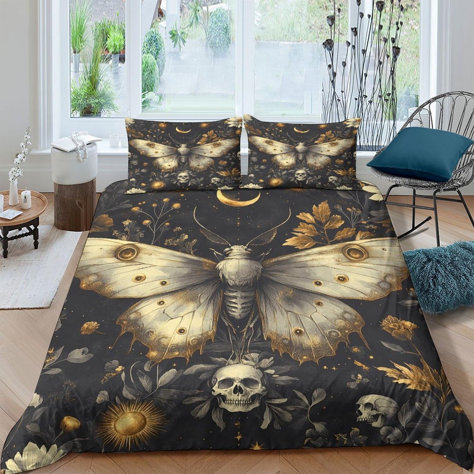 Ctjqhvkz Style-3 3D Printed Gothic Moth Fitted Sheet Microfiber Black Gold Skull Mattress Cover Bedroom Decor Anti-Slip Washable For Home Guest Room Single（135X200cm）