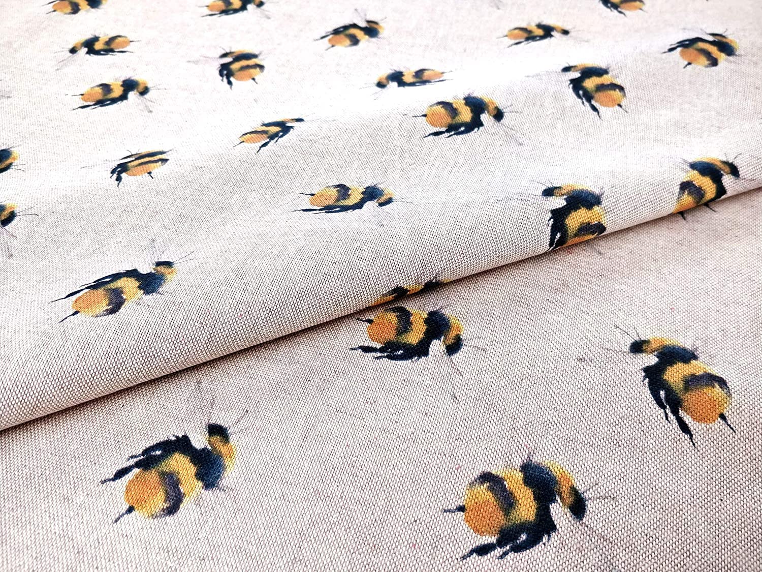 Bumble Bees Poly Linen Fabric All Over Digital Print Soft & Durable Upholstery Material for Furnishing Patchwork & Crafting | Fat Quarter 50cm x 70cm