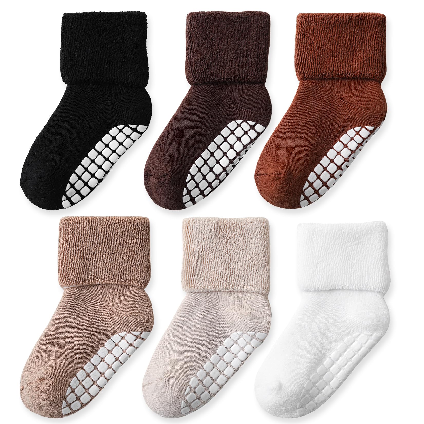 EPEIUS Toddler Thick Warm Cotton Crew Socks with Grips - Non-slip Turn Cuff Socks 6 Pack