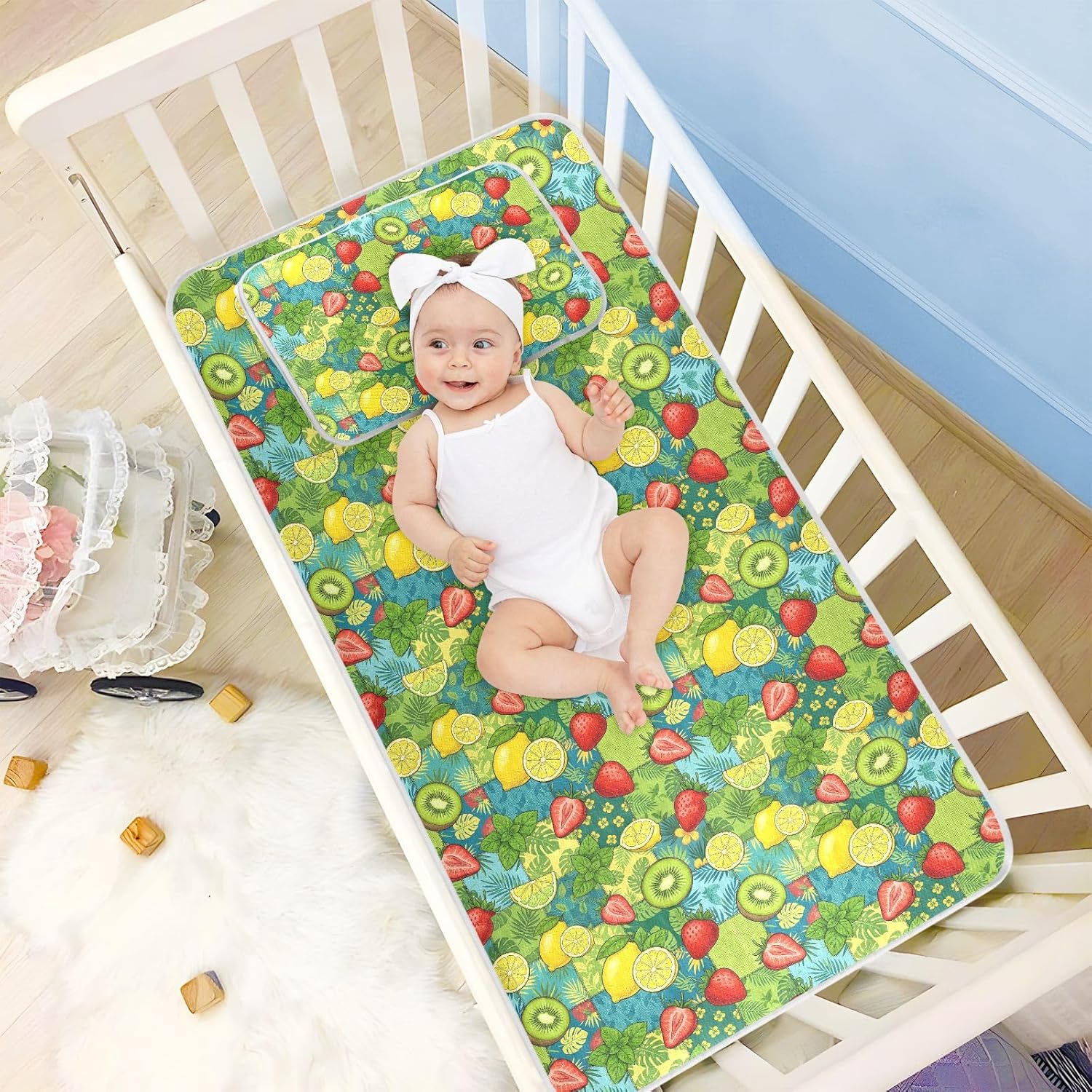 Baby Cooling Mat Tropical Fruits Ice Silk Breathable Mesh Summer Crib Mattress Pad with Pillowcase, Soft Cooling Sleeping Surface for Infant & Toddler, 52"x28"