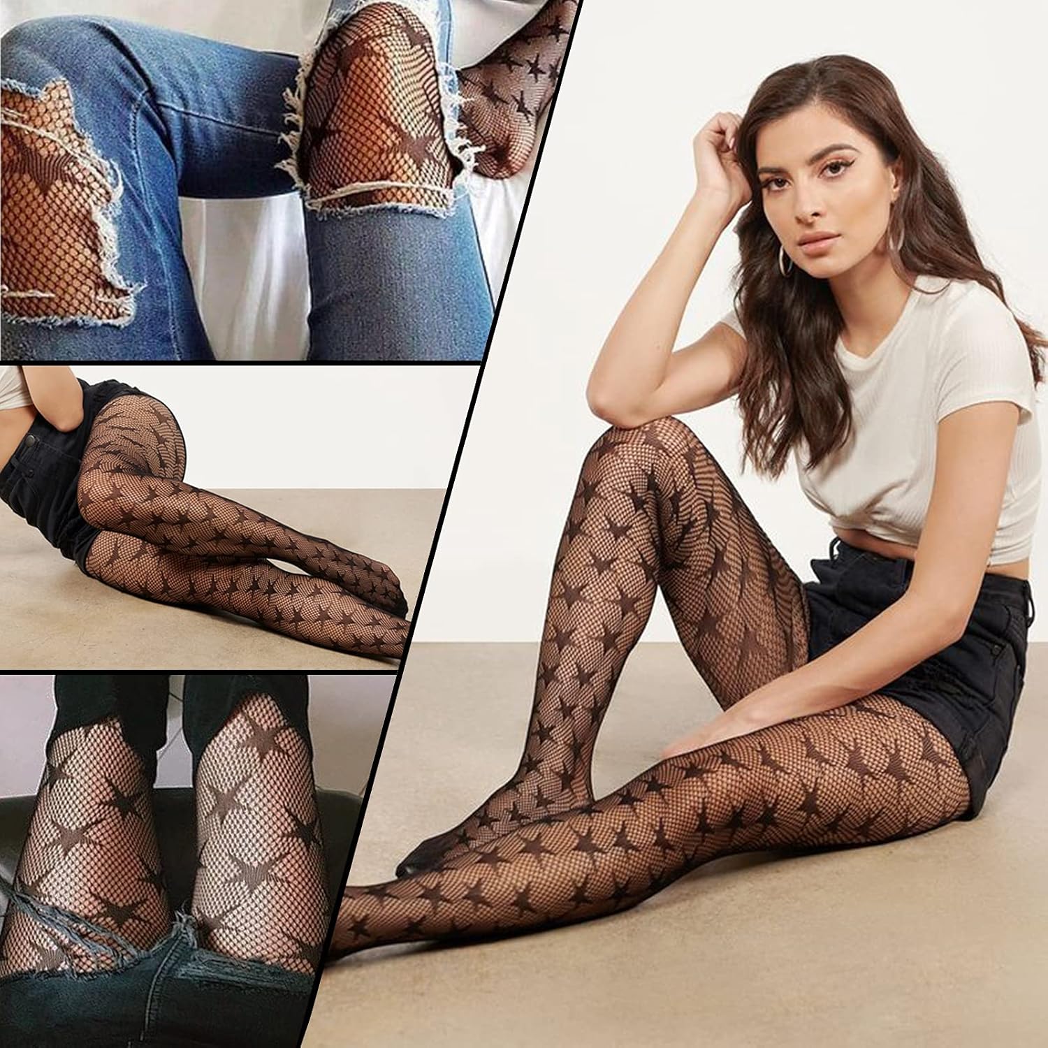 WEANMIX Pentagram Star Patterned Fishnet Plus Size Sheertex Tights Black Stockings Thigh High Lace Pantyhose for Christmas Thanksgiving Women - Image 5