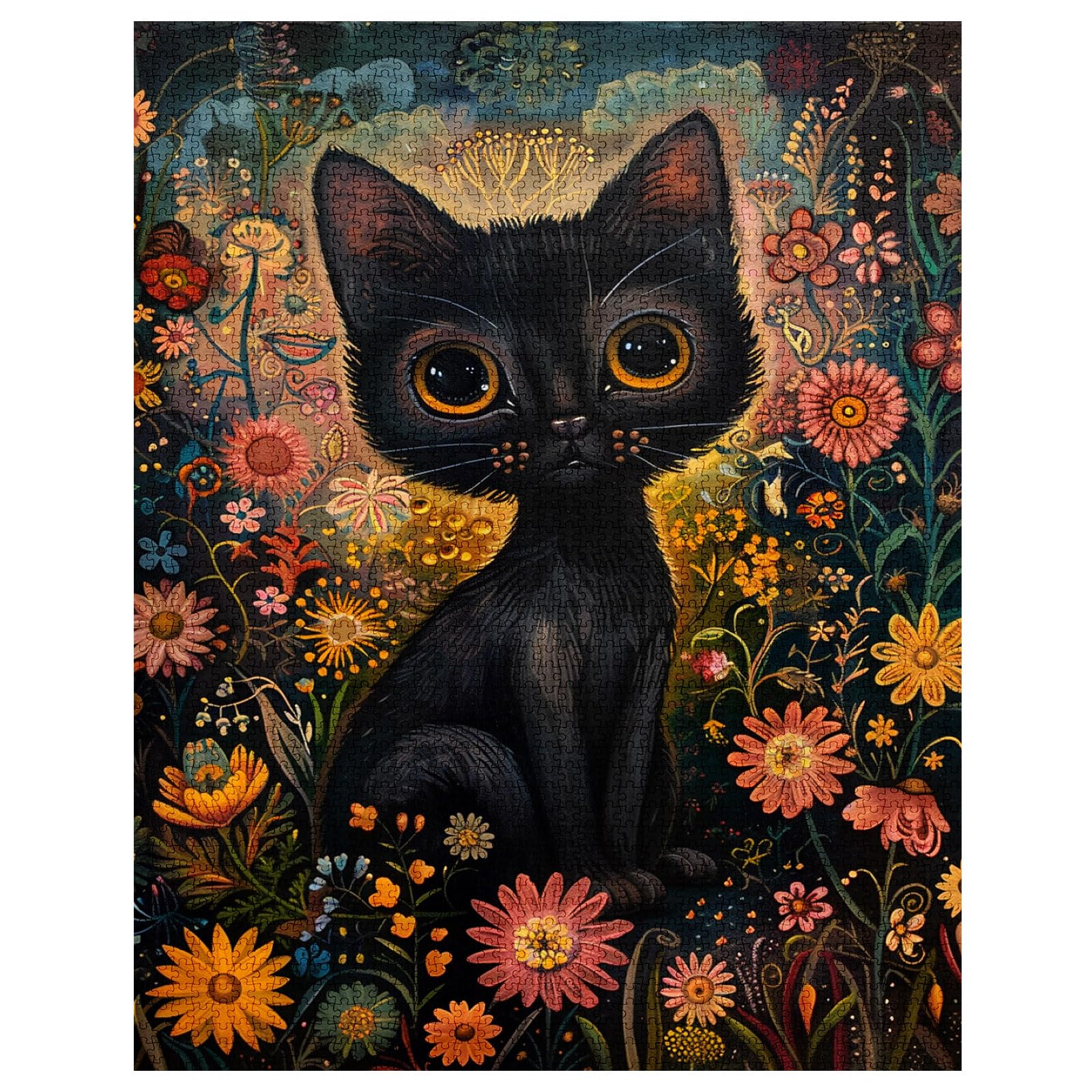 Tucocoo; adult puzzle 1000 pieces; black kitten; enchanted garden cat; challenging family activity; abstract floral art; DIY wall decoration - Image 2