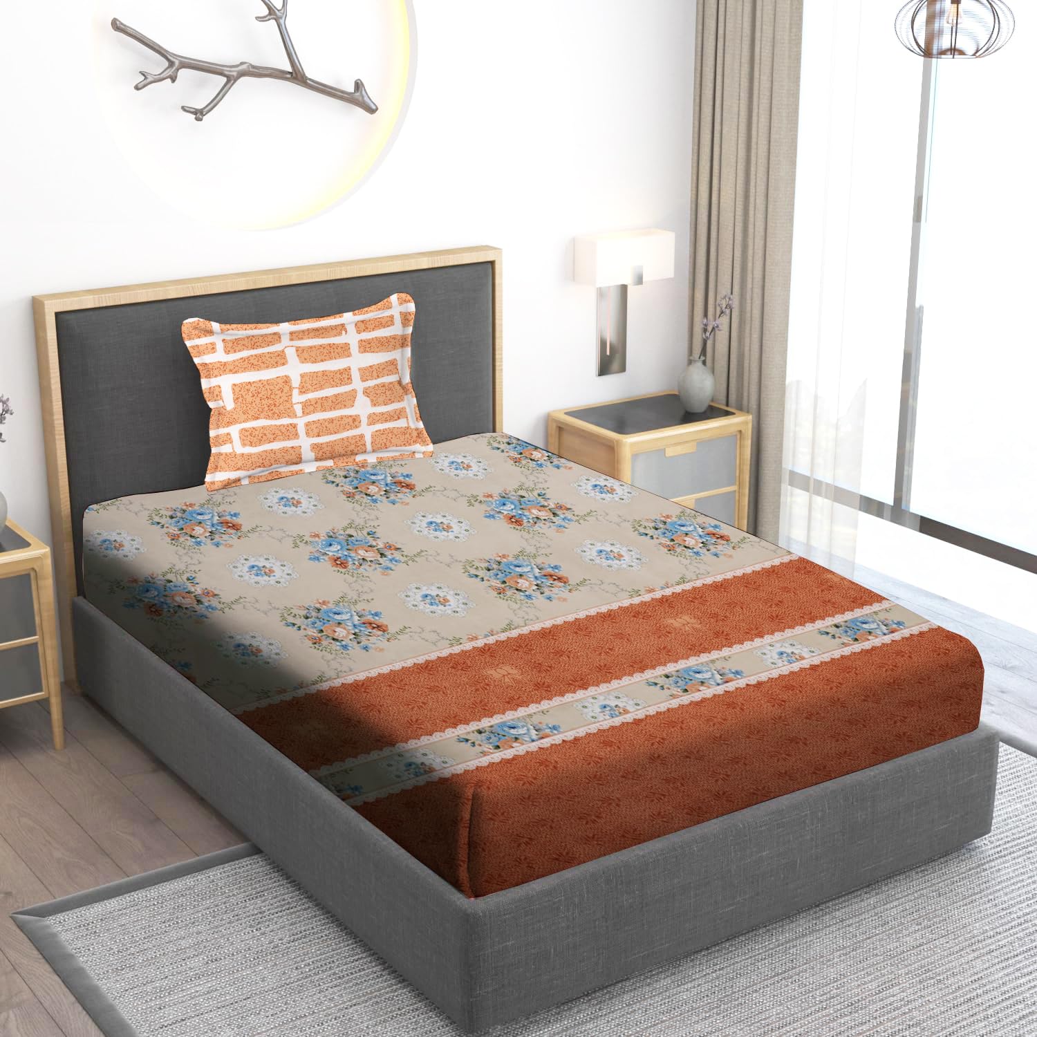 Home Stylish 280 TC Floral Print Ezyption Cotton 1 Single Bedsheet with 1 Pillow Cover 90x60 Inch Burnt Orange