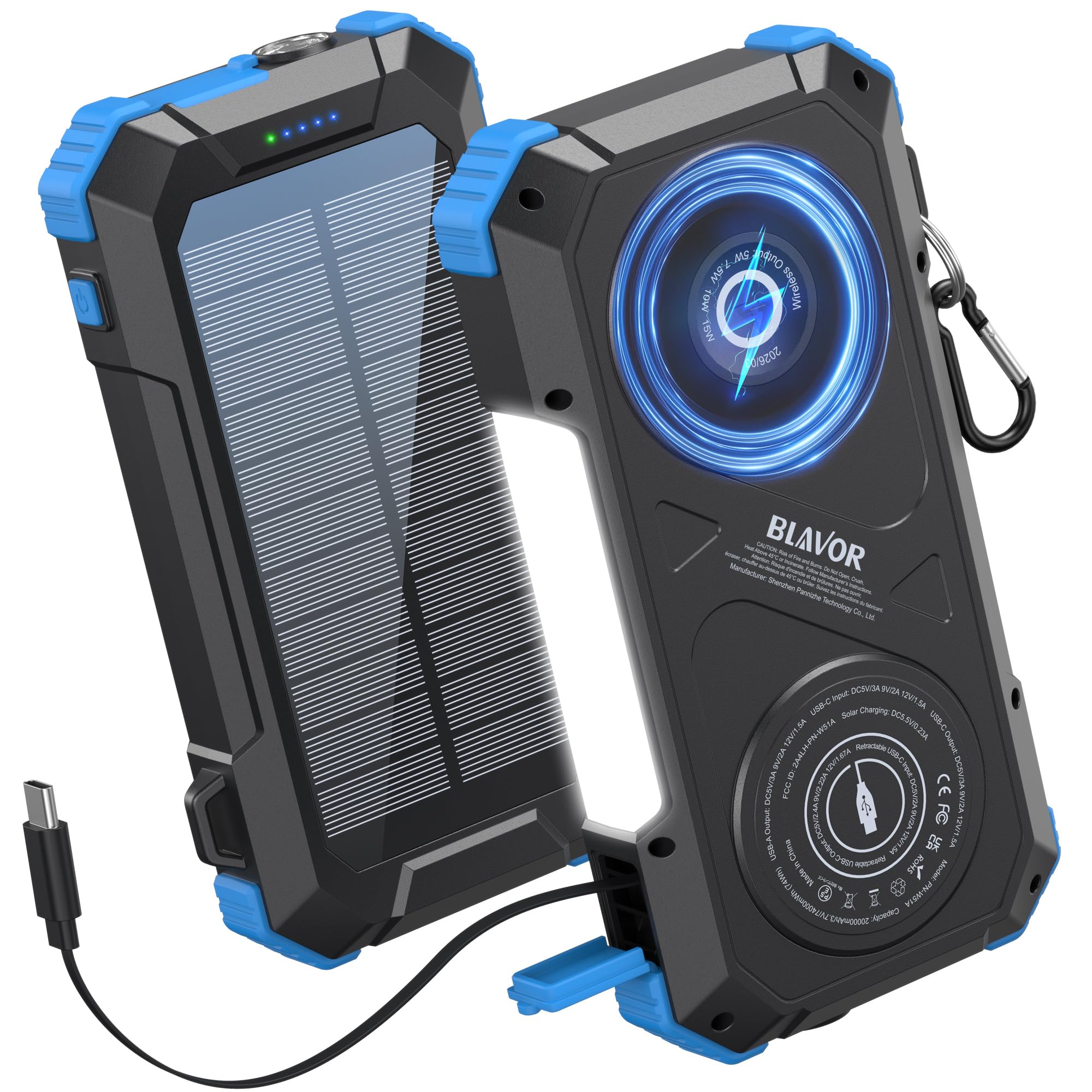 BLAVOR Solar Charger Power Bank Built-in Retractable USB-C Cable, 20000mAh Wireless Magnetic Portable Charger with Camping Light, Flashlight, 20W Fast Charging Battery Pack for Outdoor Camping Hiking Blue