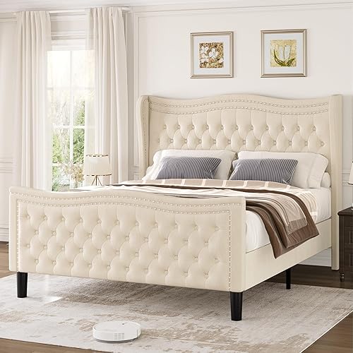 Miniatura 10 de Generic Base de cama Queen con cabecera tapizada de 52 pulgadas con cabecera alta y plataforma capitoné tapizada en terciopelo con botones