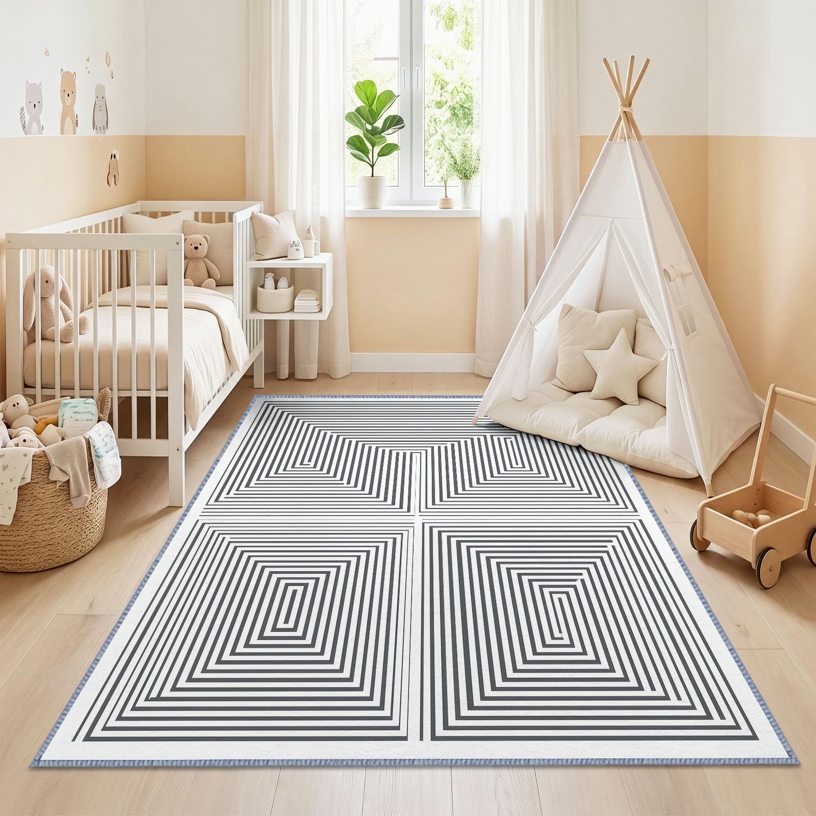Tapis Salon Minimaliste Labyrinthe Géométrique Rayures 160 x 230 cm, Tapis Antidérapant Moderne Ne Perde Pas de Peluches, Lavable en Machine pour Chambre, Salle à Manger, Bureau à Domicile