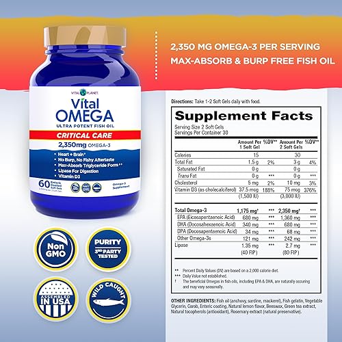 Miniatura 2 de Vital Planet - Aceite de pescado ultra potente Omega Gold con 2350 mg de omega-3 EPA y DHA de alta potencia para apoyar la salud cerebral y cardíaca