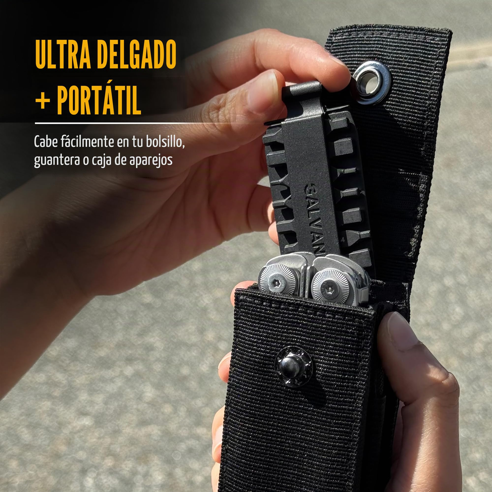 Galvanox Funda de Nailon para multiherramientas con 21 Puntas de Destornillador de Extremo Plano y Soporte, Funda para cinturón con Bolsillos y Juego de Puntas incluidos, Compatible con Leatherman (4