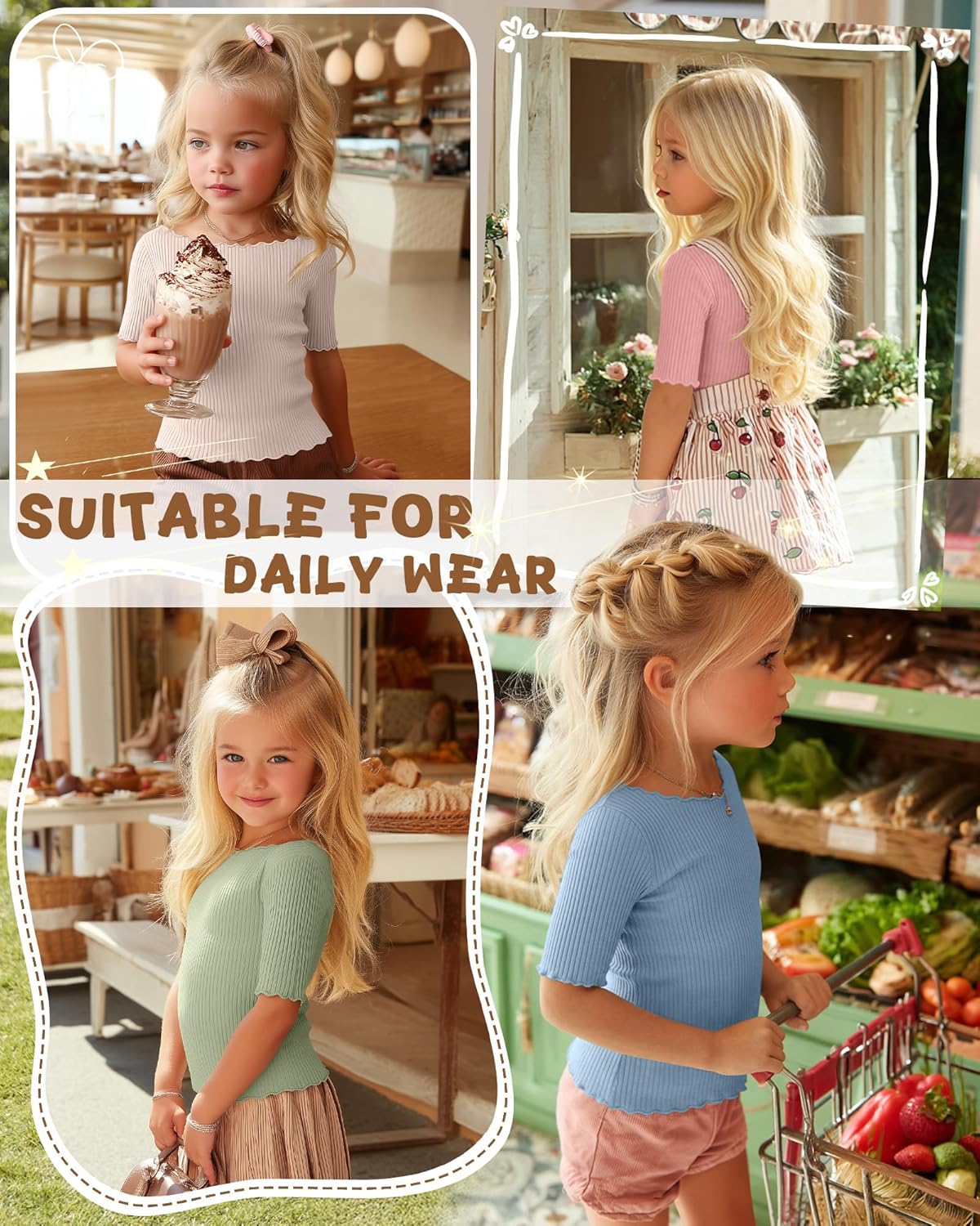 4 Pack Toddler Girls' Lettuce Trim Shirts Baby Girl Cotton Half Sleeve Tees Kid Ribbed Knit Boat Neck Casual Tops