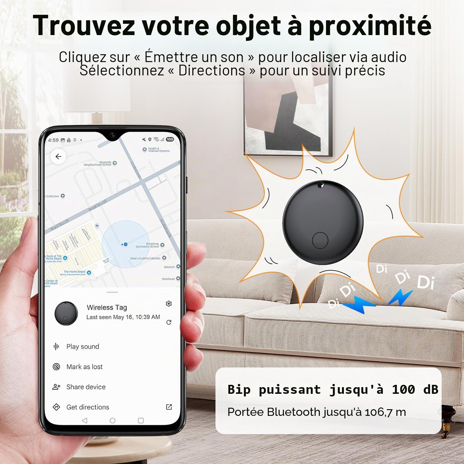 Android Smart Tag, Traceur Lot de 4, Fonctionne avec l’app Google Localiser (Uniquement Android), Équipé d'un Étui de Protection, IP68 Imperméable, pour Les clés/Portefeuilles/Valises, Noir