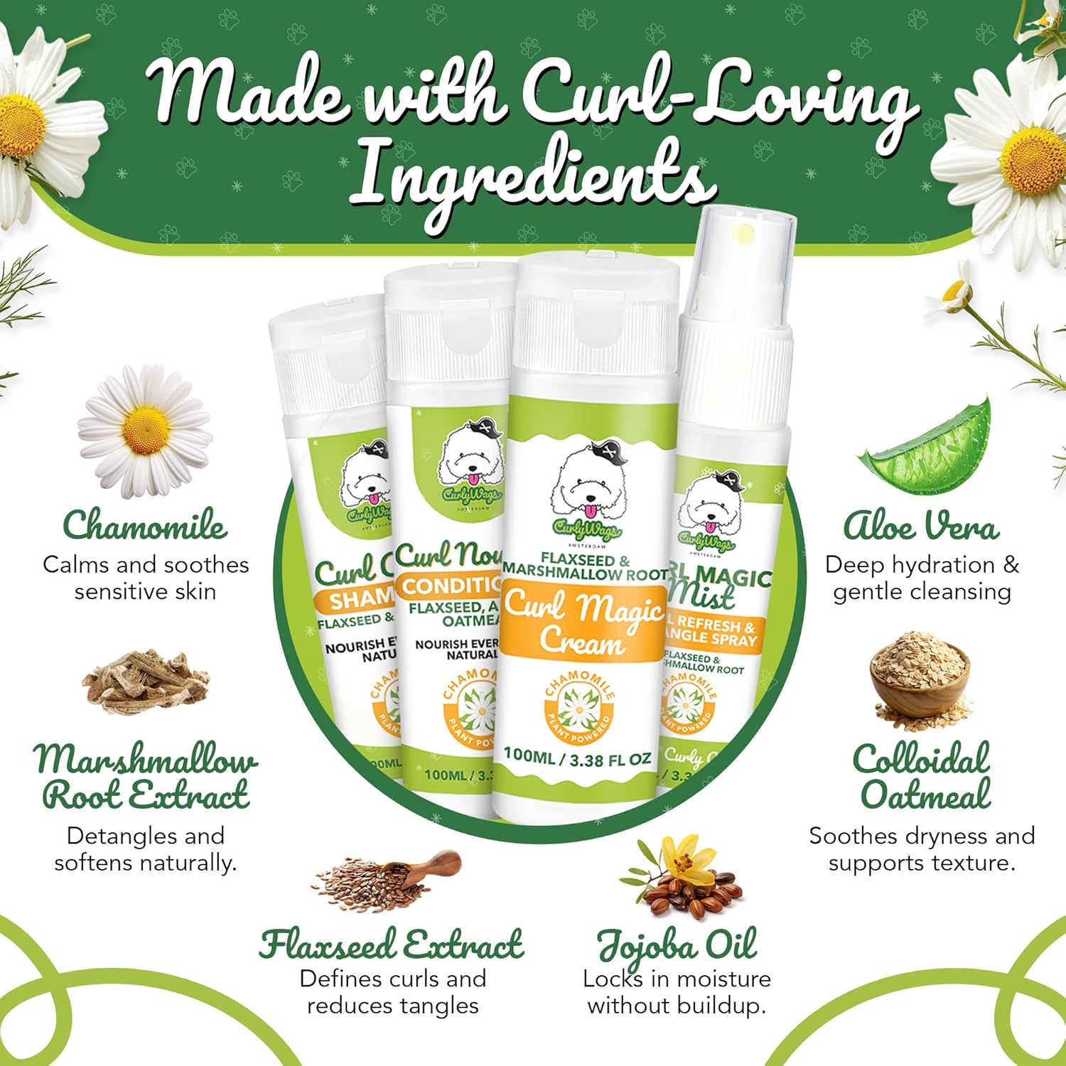Curly Dog Grooming Kit – Travel-Size Shampoo, Conditioner, Curl Cream & Curl Refresh Detangler Spray, for Doodle, Poodle & Curly Coats, TSA-Friendly Gift Bundle (Chamomile)