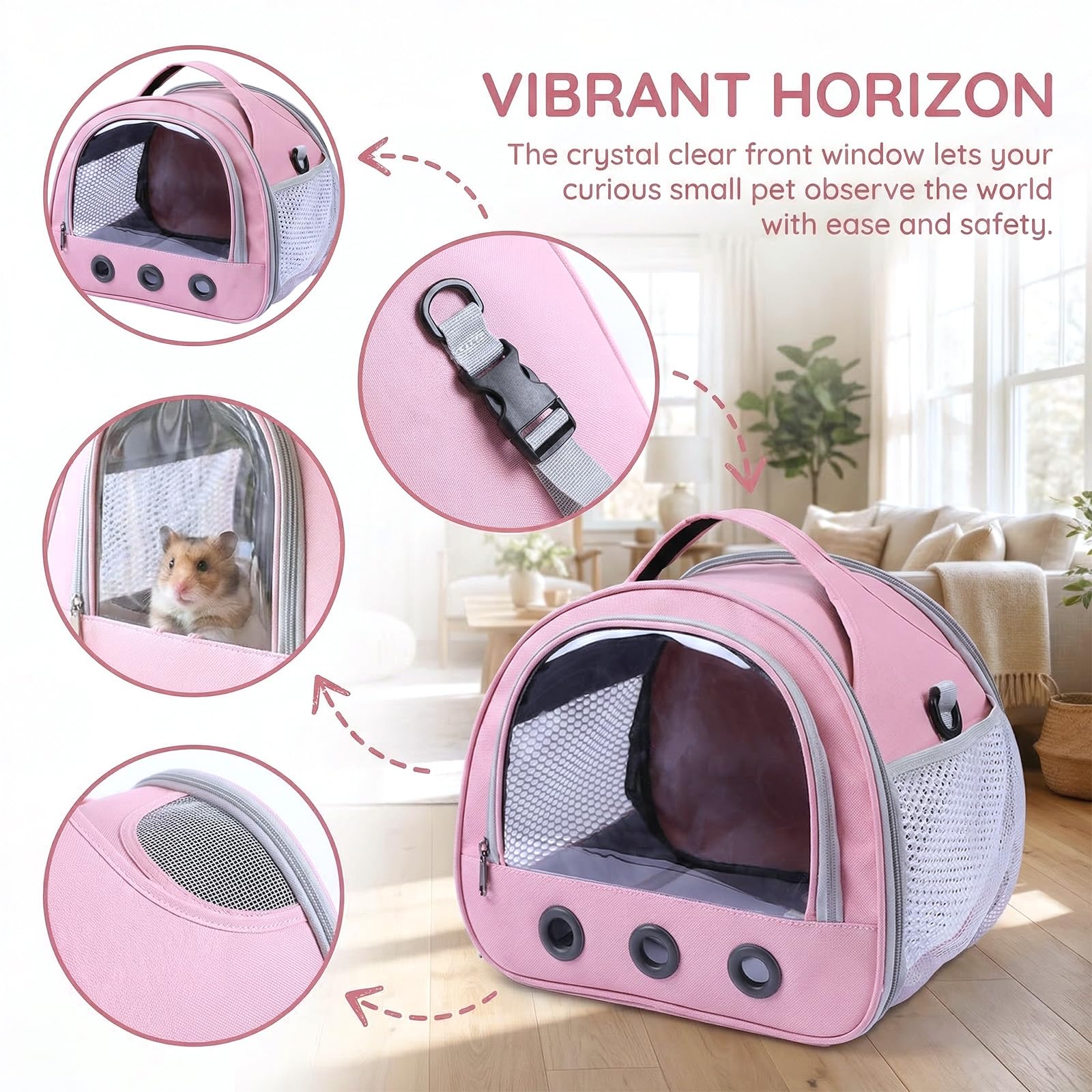 Sac de Transport Petit Animal, Cage de Voyage Pliable avec Fenêtre PVC et Grille Aérée, Bandoulière Réglable pour Hamster, Cochon d'Inde, Oiseau, Rongeur(30x25x25cm)