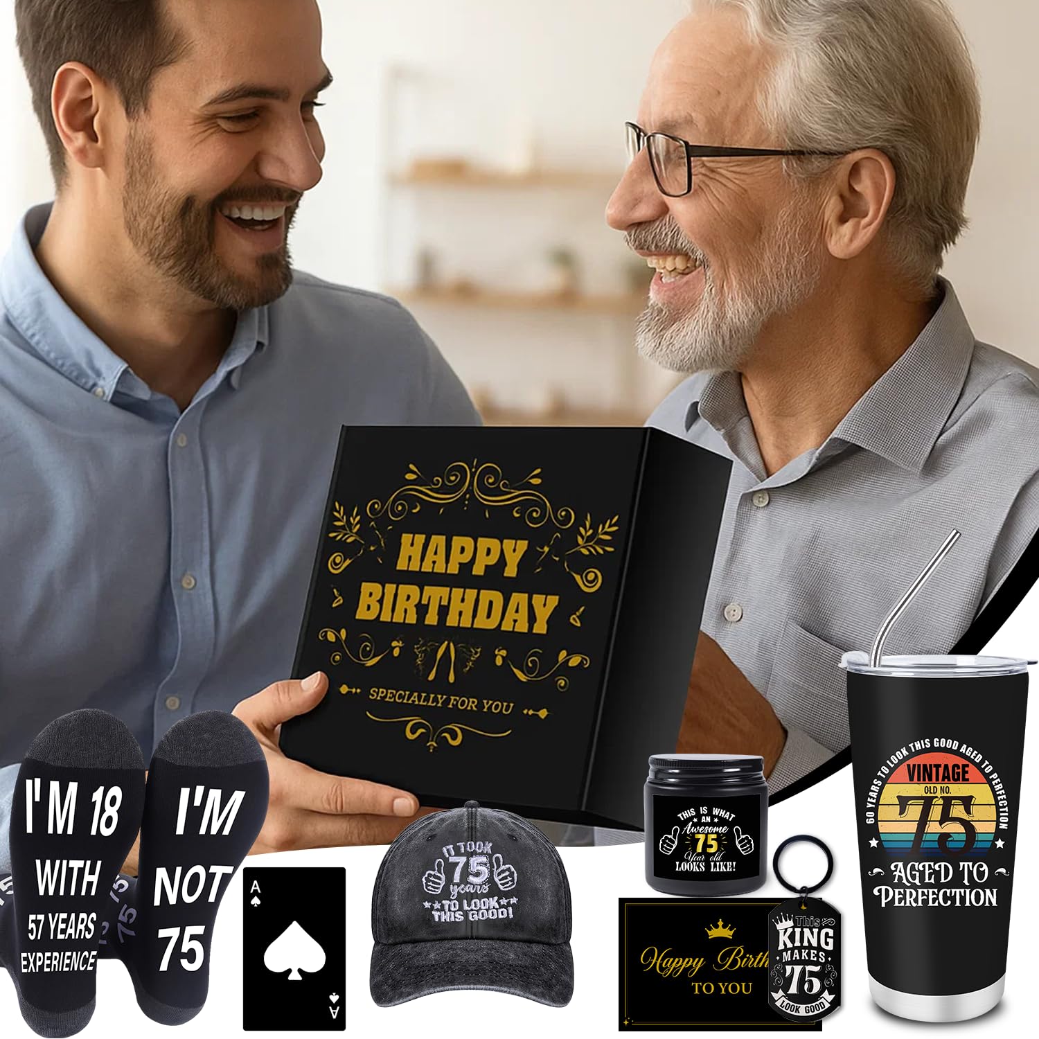 Regalo per il 75° compleanno da uomo, 7 pezzi, 75 anni, idea regalo per compleanno, tazza da viaggio da 590 ml, calzini divertenti, berretto da baseball, portachiavi, apribottiglie, candele, 75