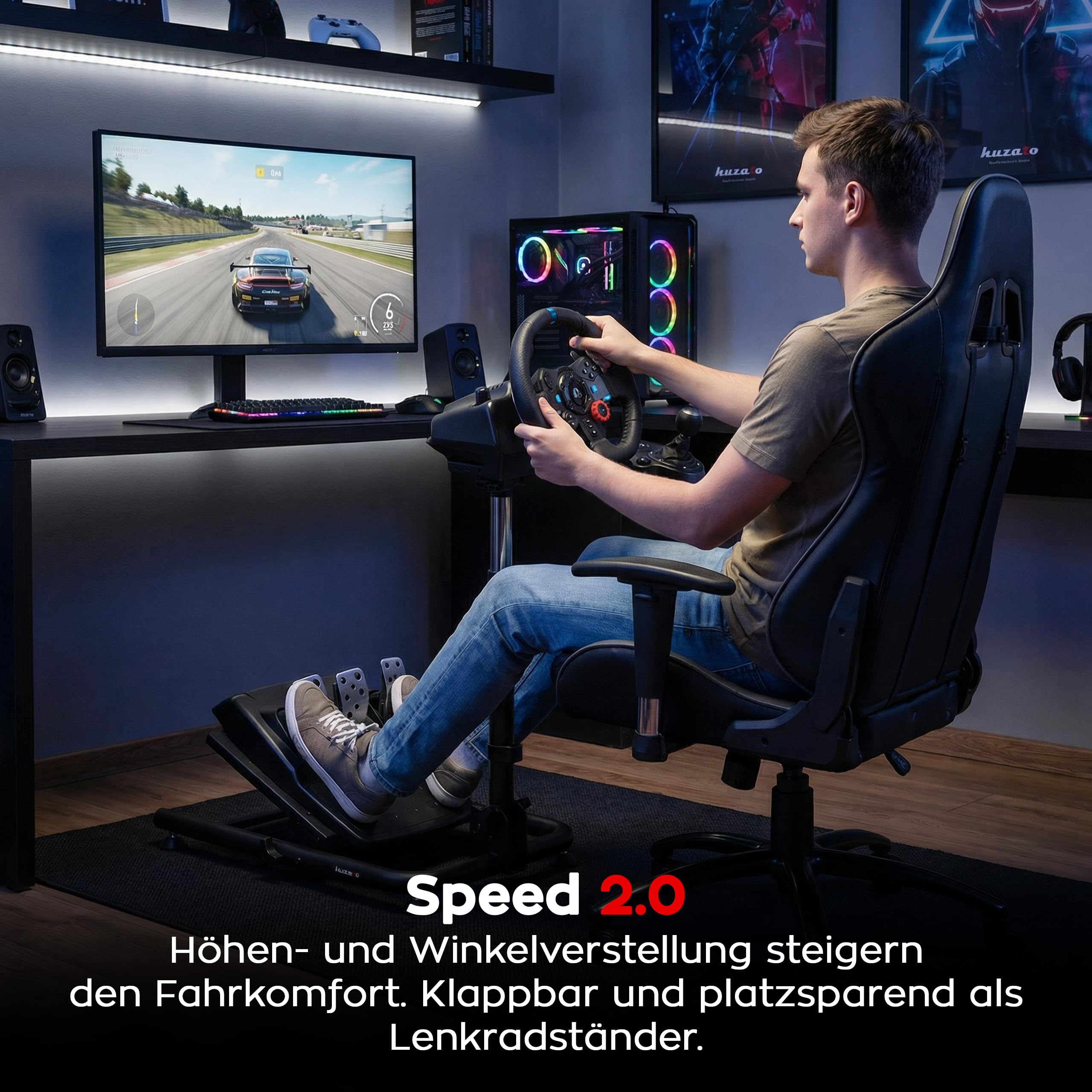 Huzaro Speed 2.0, Soporte de volante ajustable compatible con Logitech Fanatec Thrustmaster, estructura de acero estable, altura y ángulo ajustables, plegable, almohadillas antideslizantes