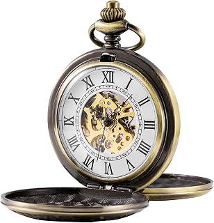 Mens Skeleton Mechanical Pocket Watch, Retro Roman Numerals, Half Hunter, Bronze