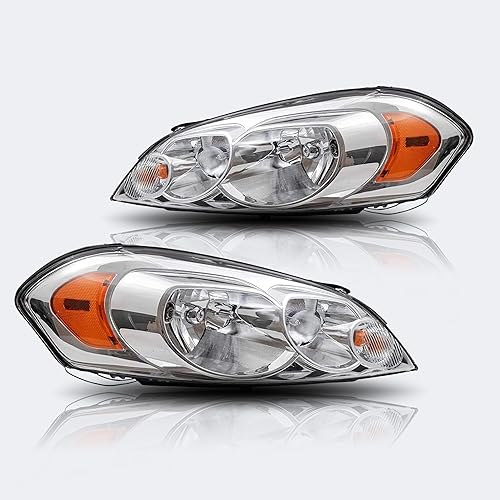 Chrome Housing Amber Headlight Assembly Compatible with 2006-2013 Chevy Impala,2014-2016 Impala Limited, 06 07 Chevy Monte Carlo Head Light