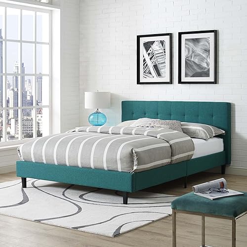 Modway Linnea - Cama de plataforma tapizada color verde azulado con soporte de listones de madera