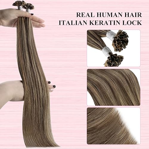 Miniatura 3 de YoungSee Extensiones de cabello humano con punta en U, color marrón con reflejos rubios, extensiones de cabello humano real, extensiones de cabello