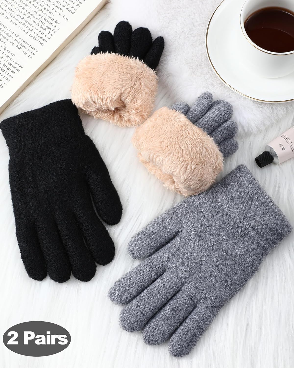 Chuarry 2 Pairs Kids Fleece Lined Gloves Winter Thick Warm Thermal Cable Knit Gloves for 6-10 Years Boys Girls - Image 5