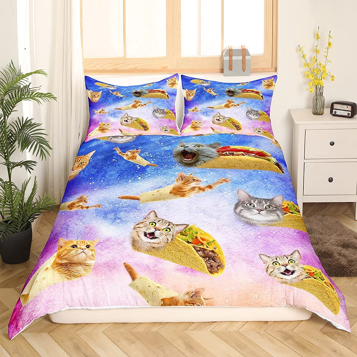 Loussiesd Cat Duvet Cover 3D Funny Animal Galaxy Bedding Set Chic Starry Sky Comforter Cover For Kids Boys Girls Children Funny Pizza Bedspread Cover Bedroom Decor Double Size Lovely
