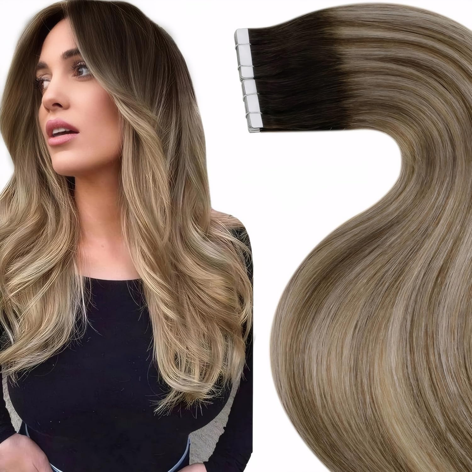 LaaVoo Tape in Hair Extensions Human Hair Blonde Tape Hair Extensions Real Human Hair Invisible Tapes Remy Straight Balayage Brown to Blonde Hair Double Sided Tabs 20pcs 50g 18 Inch #3/8/24