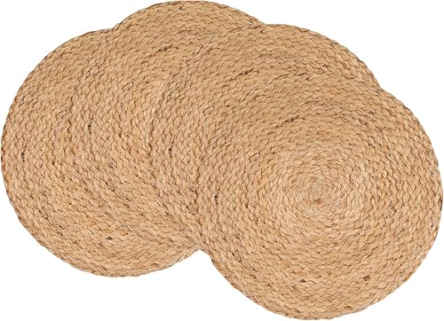 Juego de 4 manteles de yute trenzados a mano de fibra natural, rústicos, vintage, para mesa y mesa de comedor, manteles individuales redondos para