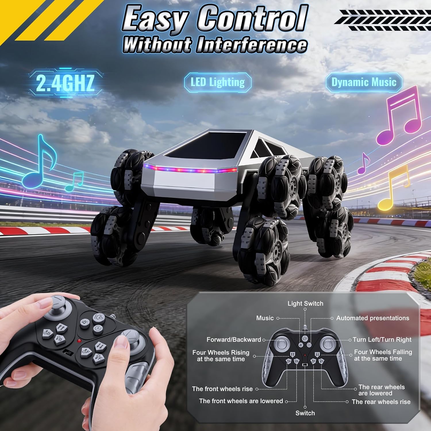 Bsgifts Remote Control Car, 8 Wheels RC Stunt Car with LED Lights & Music, 2.4GHz RC Drift Car for Boys Aged 6-14, Christmas Birthday Gift for Kids