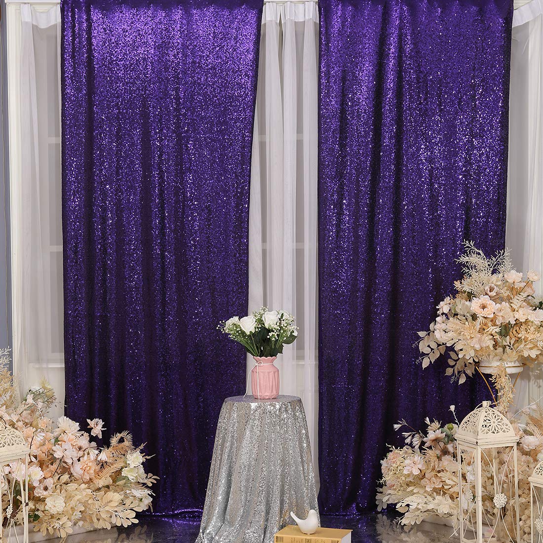 Poise3EHome 2Pcs 3Ft x 8Ft Purple Sequin Backdrop Curtain, Glitter Photography Background, Sequence Backdrop for Halloween Xmas Thanksgiving Wedding